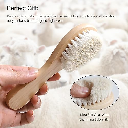 Miniatura 5 de Kootinn Paquete de 2 cepillos de pelo de bebé con mango de madera y cerdas de cabra súper suaves para recién nacidos y niños pequeños