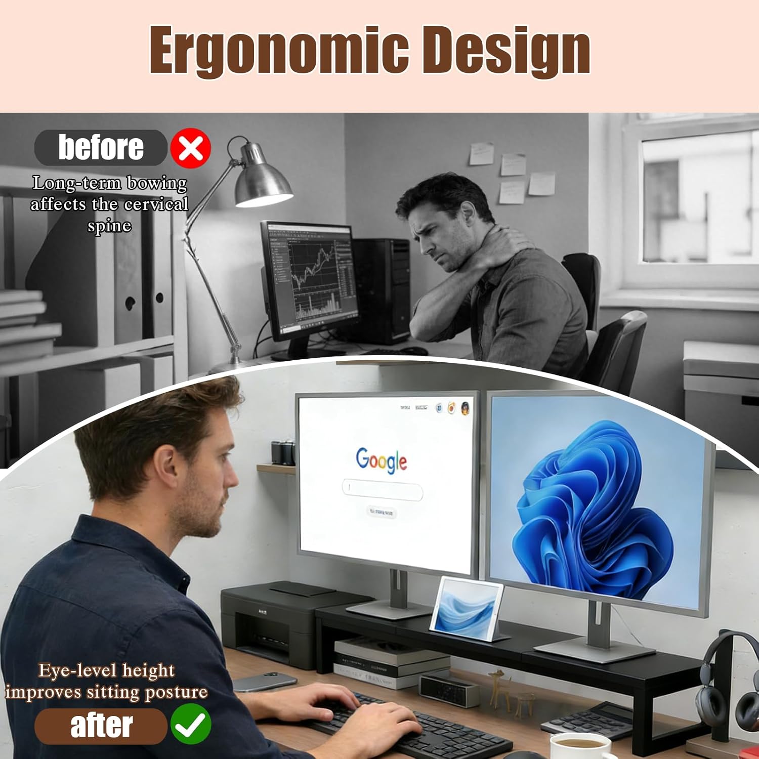 Dual Monitor Stand Riser, 38.7'' Long Wood and Steel Monitor Stand for 2 Monitors, Ergonomic Desktop Organizer with Tablet Stand for Computer,Laptop,TV (Black)