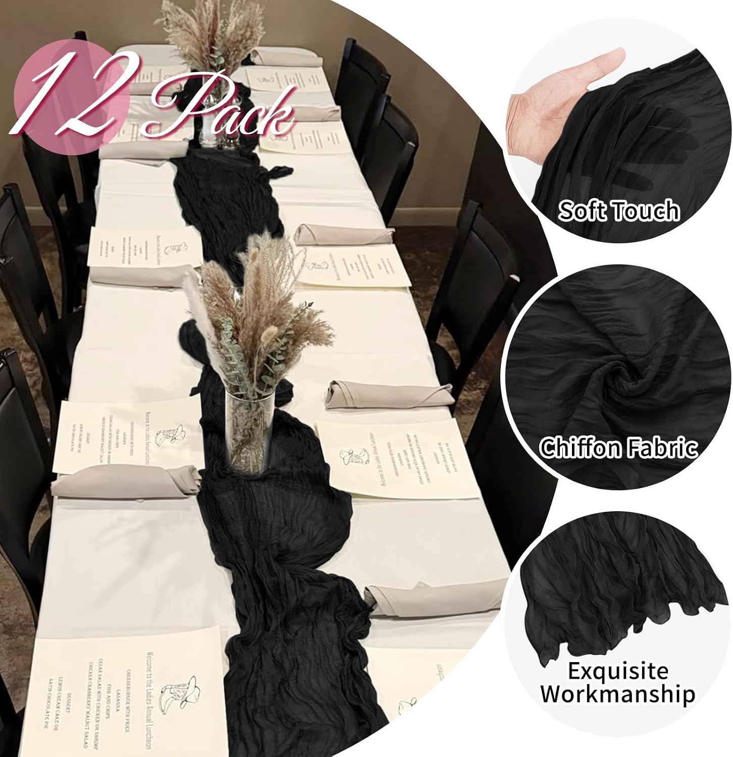 12 Pack Black Cheesecloth Table Runner 20 x 120 Inch Gauze Table Runner Fabric Semi Sheer Cheese Cloth Table Decor Bulk for Rustic Romantic Wedding Baby Shower Party Table Decoration