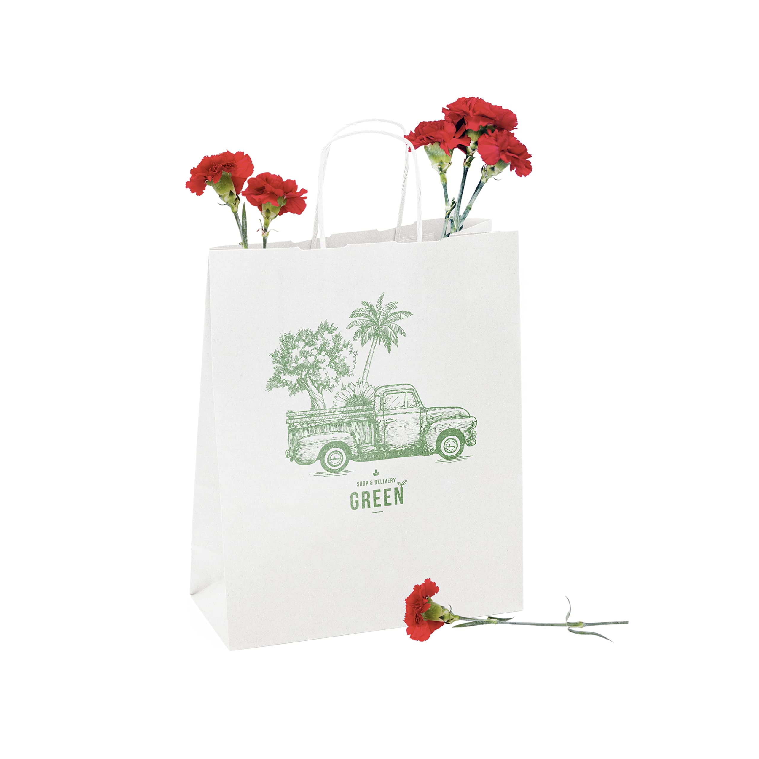 50 Papiertüten mit farbigem Bild | Achten Sie auf Ihre Geschenke | personalisierte Papiertüten für Veranstaltungen | recycelbar und mit Griffen | Größe auswählen (Medium 25 x 31 x 9 cm, Weiß)