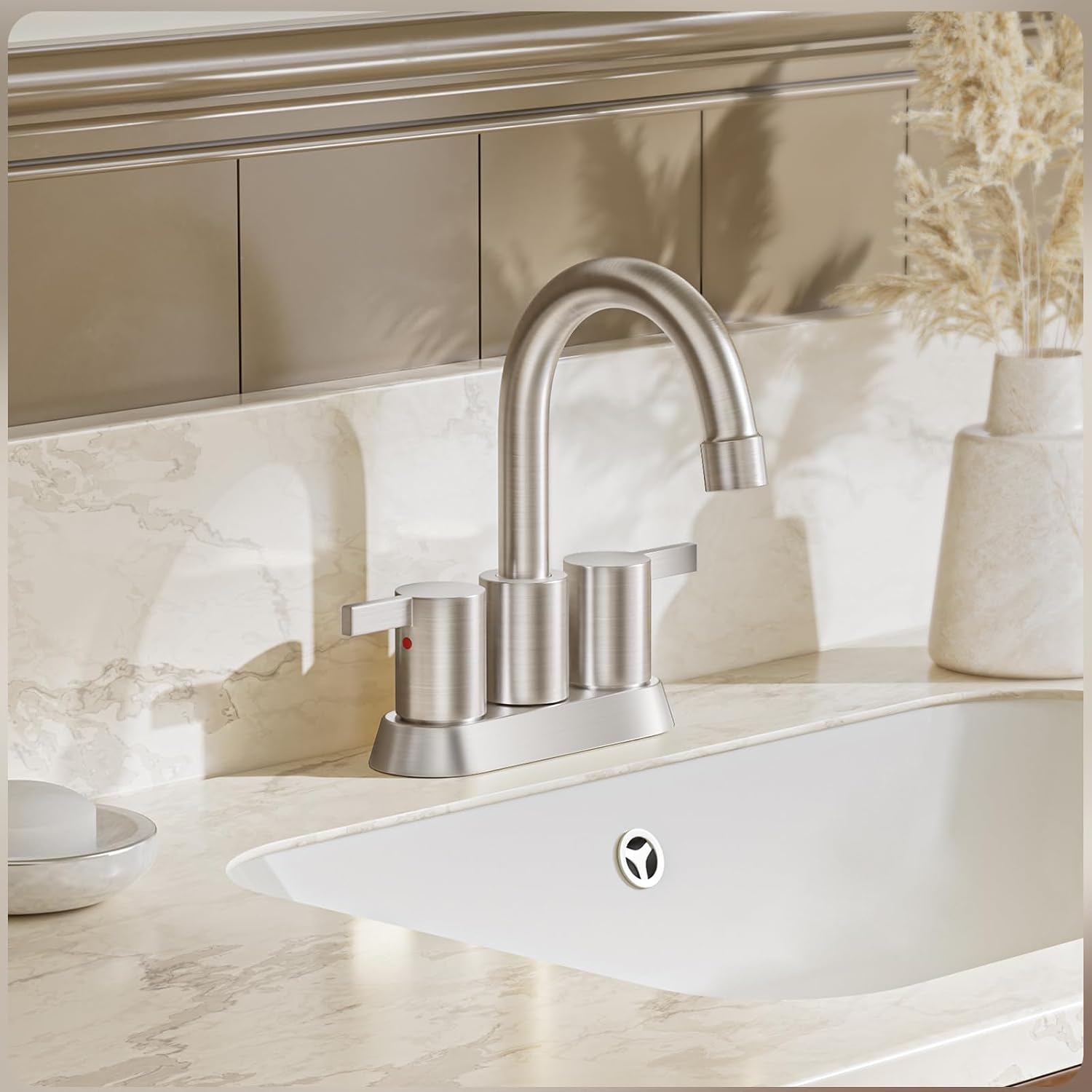 Phiestina Brushed Nickel 4 Inch 2 Handle Centerset Lead-Free Bathroom Sink Faucet, with Copper Pop Up Drain and Water Supply Lines,BF015-1-BN