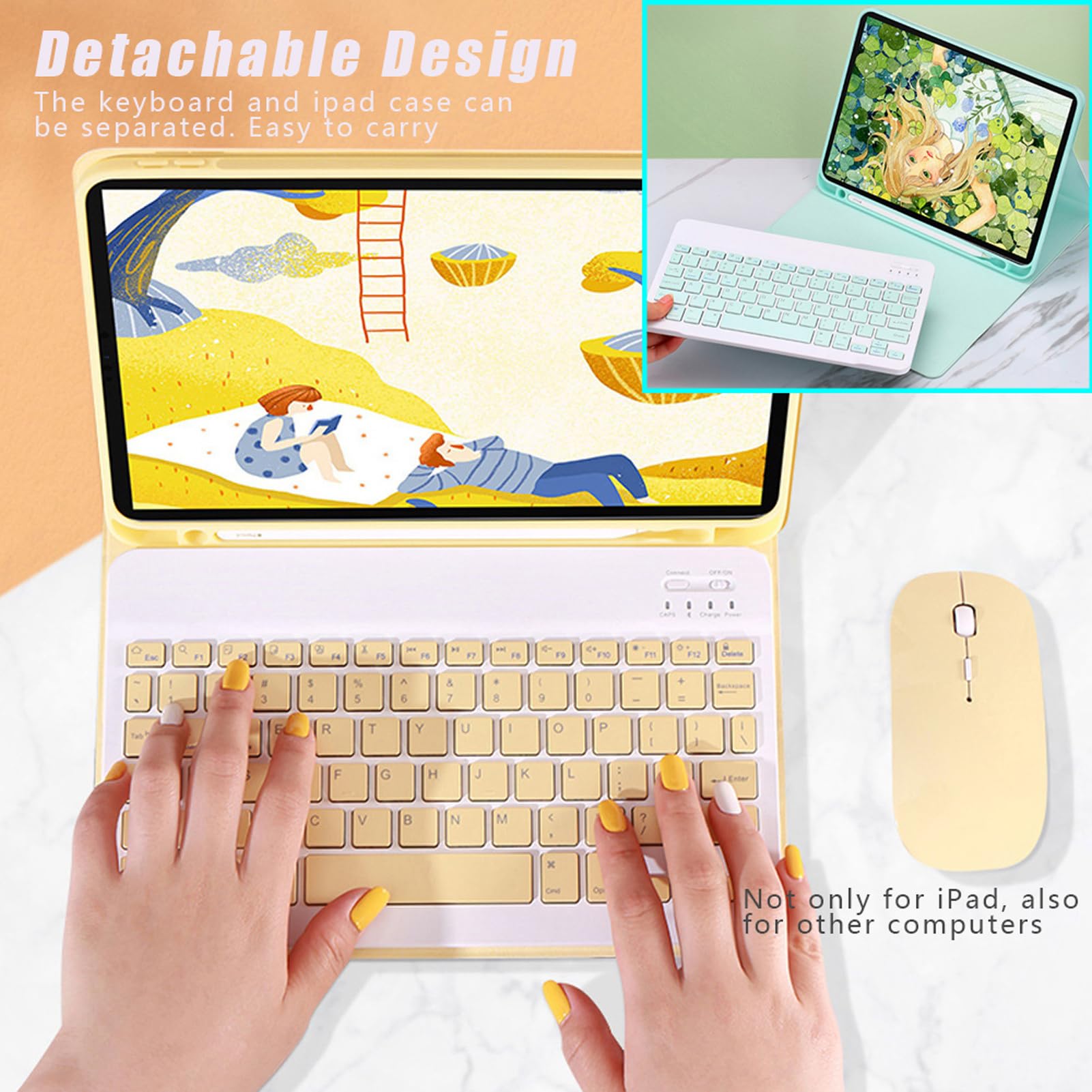 Coque Clavier pour iPad Air 5/Air 4e gén 10.9" 2022/2020, QWERTY Clavier Magnétique Détachable avec Fente pour Stylo, Housse de Clavier sans Fil avec Souris Bluetooth pour iPad Air 10.9", Jaune