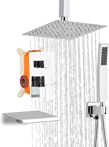 Miniatura 20 de Juego de grifo de ducha de 12 pulgadas, montaje en techo, sistema de ducha de lluvia de alta presión, combo de rociador de ducha de lluvia cuadrado