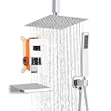 RTOBWEYE 8 Inch Shower Faucet Set, Ceiling Mounted Rainfall Shower System with High Pressure Handheld Shower Head, Bathroom Mixer Rough-in Valve and Trim Shower Kit, Polished Chrome, with Tub Spout