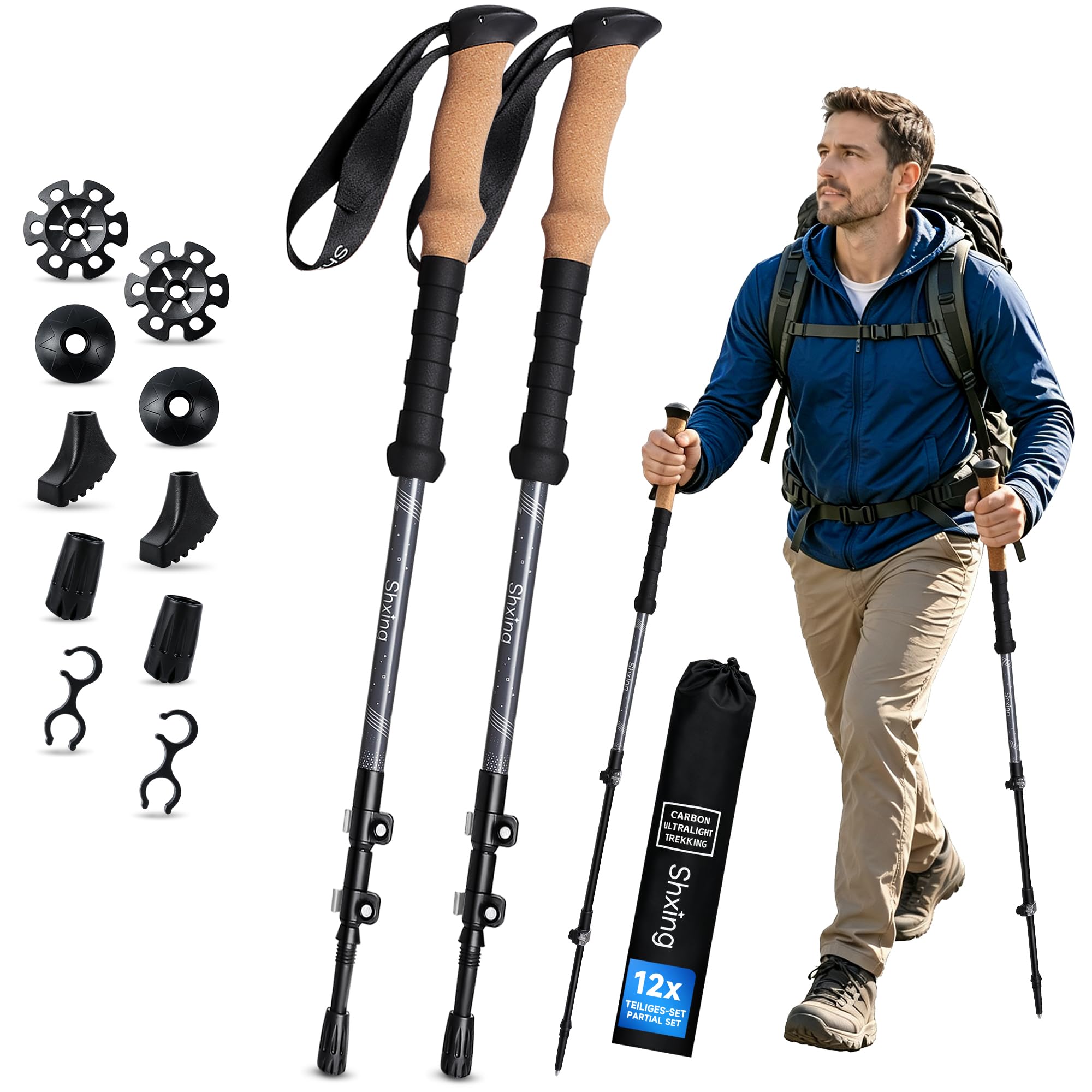 Teleskop-Wanderstöcke Carbon 2er Set, 200 g pro Stock, Grau | 62–135 cm verstellbar, Korkgriff mit EVA, Alu-Verschluss, Tasche & Zubehör, schlicht & vielseitig