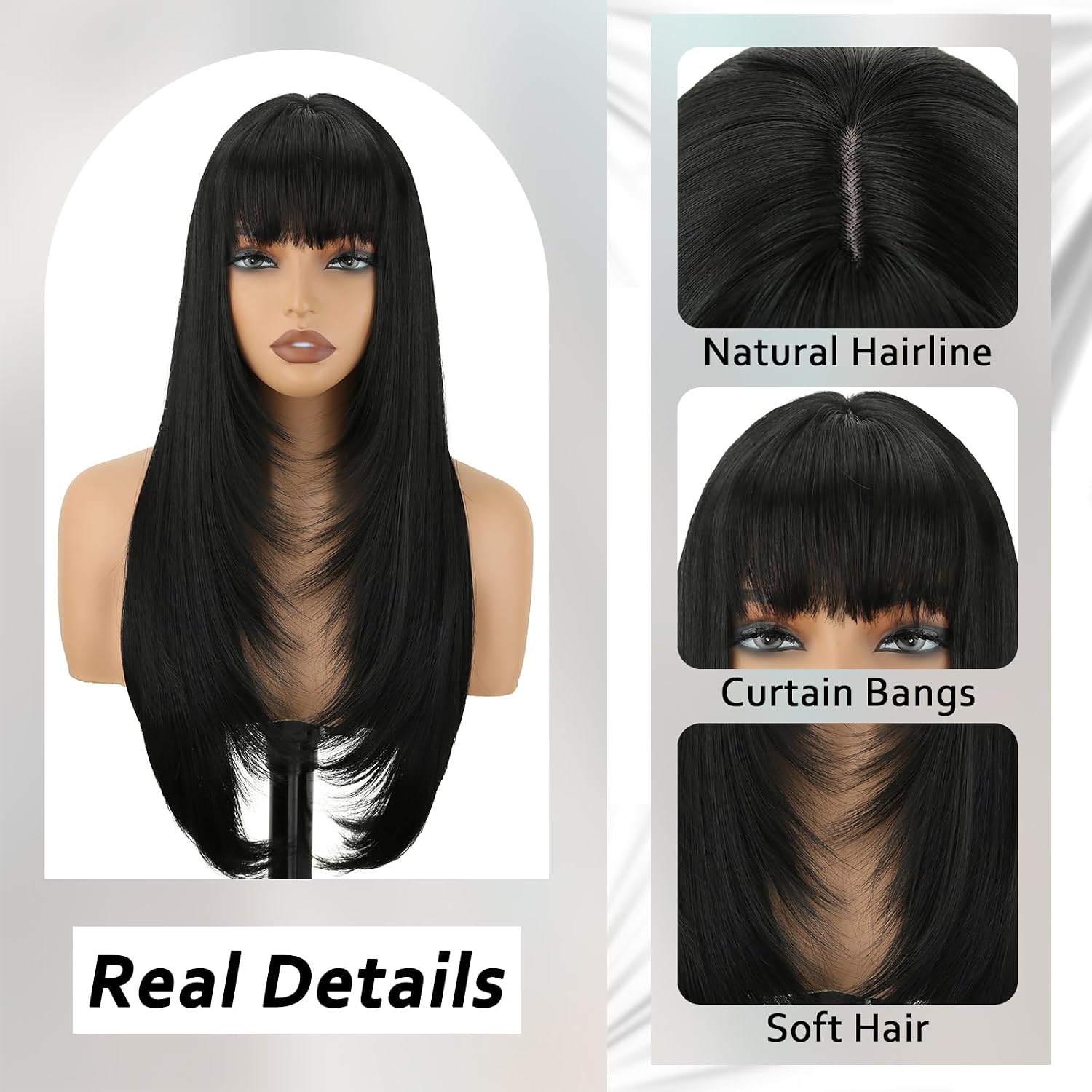 Black Long Straight Layered Wig with Bangs for Women 26 inch Put on Go Realistic Synthetic Heat Resistant Natural Wig for Girls Party Cosplay and Daily Use