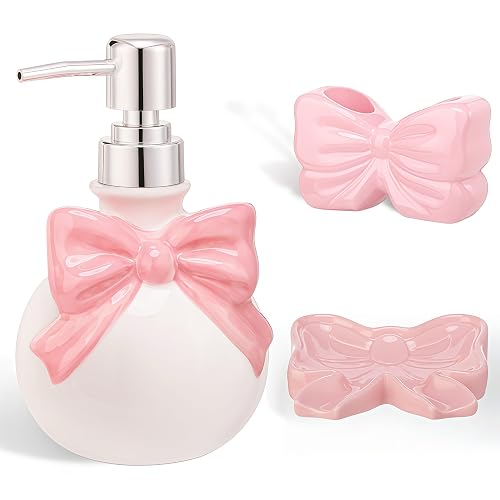 Ferrochef Pink Bow Ceramic Bathroom Accessories Set 3 Pcs for Countertop, Soap Dispenser, Toothbrush Holder, Soap Holder, Bathroom Sink Decor for Modern Home Decor - Pink - Bow