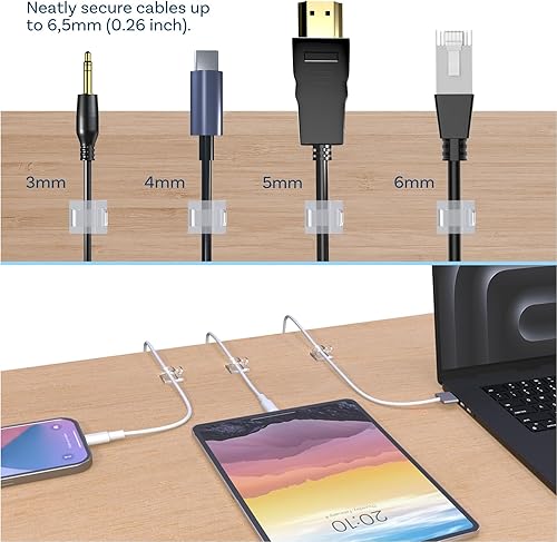 Miniatura 2 de MMOBIEL 120 clips autoadhesivos para cables, organizador de cables transparentes, organizador de cables para debajo del escritorio, pared,