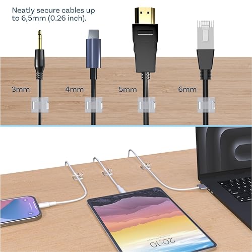 Miniatura 2 de MMOBIEL 240 clips autoadhesivos para cables, organizador de cables transparentes, organizador de cables para debajo del escritorio, pared,