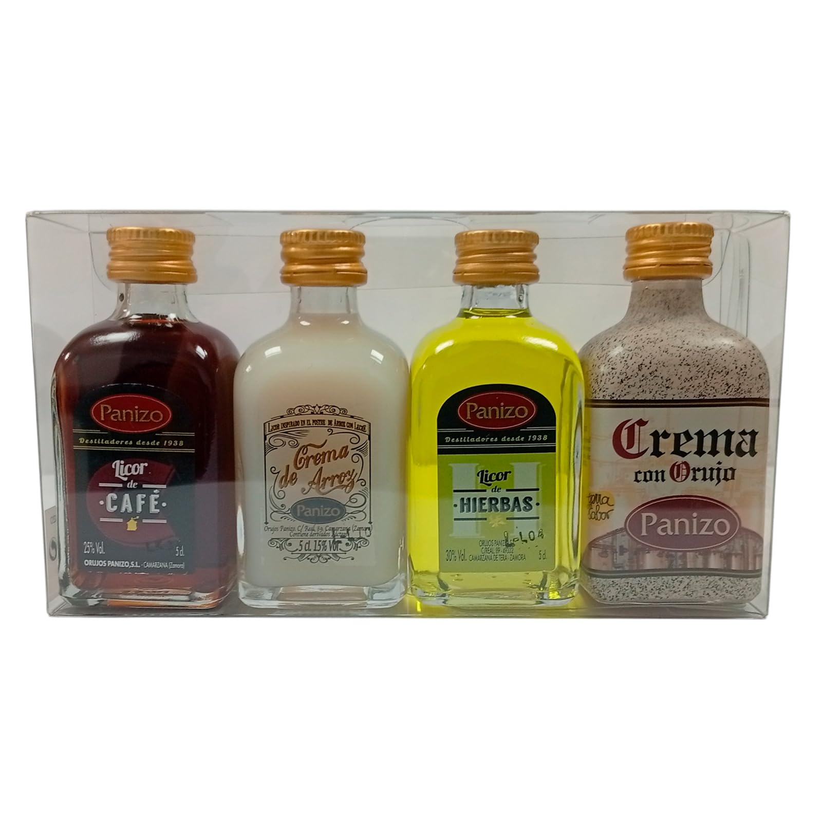 Caja de 14 estuches de licores Panizo para regalar. Licores miniaturas (20 cl.) de Licor de Hierbas, Crema de Orujo, Crema de Arroz y Licor de café Panizo