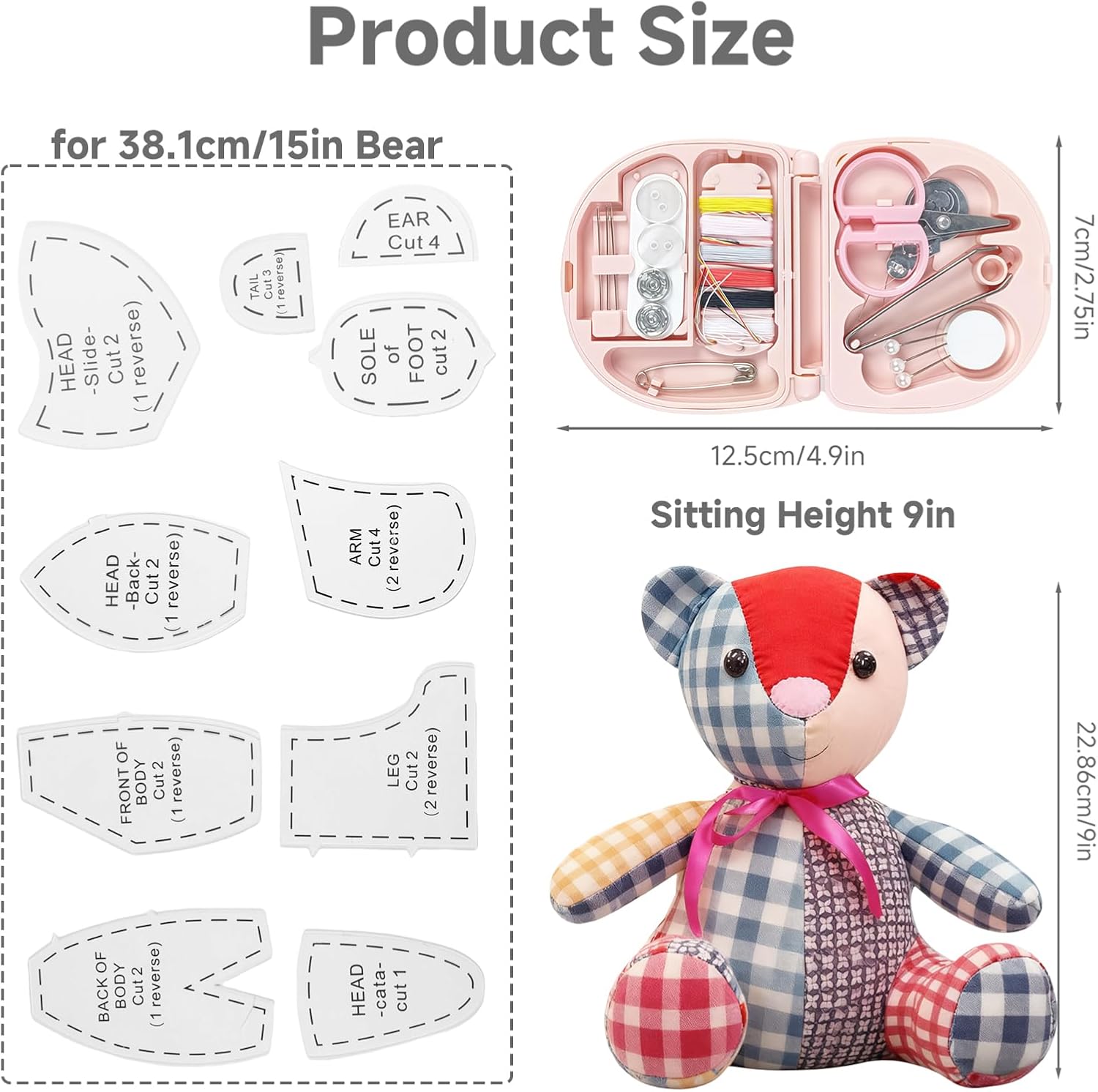 15 Inch Memory Bear Sewing Pattern Kit, Acrylic Teddy Bear Template Ruler with Sewing Supplies & 5Pcs Cotton Handmade Bear Fabric Labels