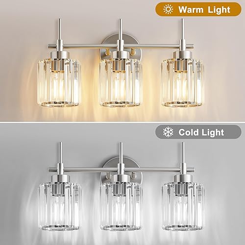 Miniatura 2 de Lámparas de baño de 3 luces, luces de espejo de tocador de níquel cepillado, lámparas de pared vintage de baño de cristal, lámparas de pared para