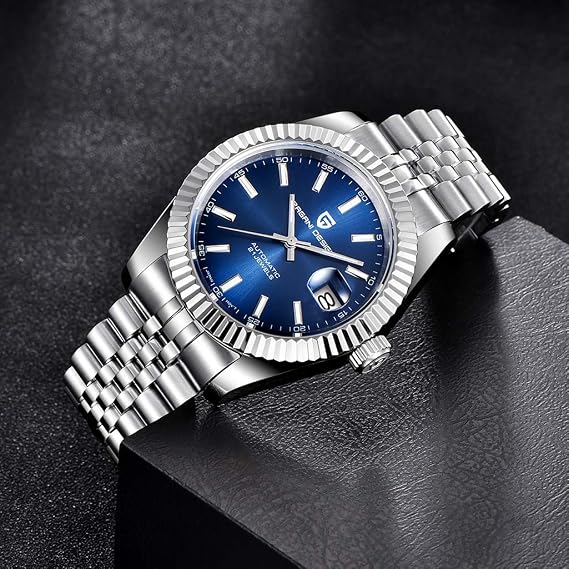 Pagani Design Luxury Men's Automatic Mechanical Watch Japan NH35 Movement Stainless Steel AR Synthetic Sapphire 100m Waterproof Elegant Dress Sports Watches Date (Blue)