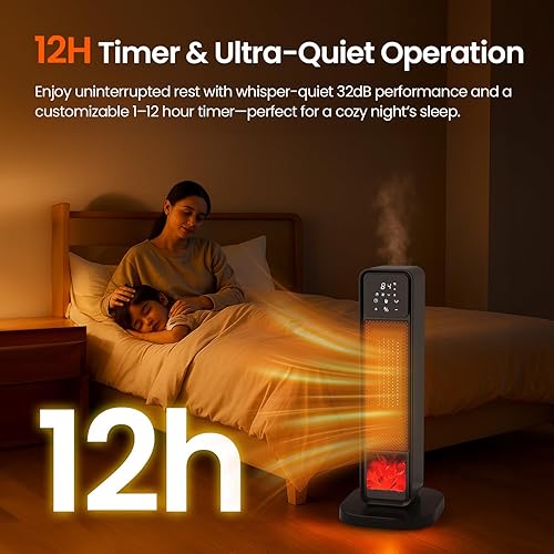 Miniatura 6 de Calentador de espacio para interiores, soplador eléctrico de aire caliente de 1500 W con llama 3D y oscilación de 70°, calentador de cerámica