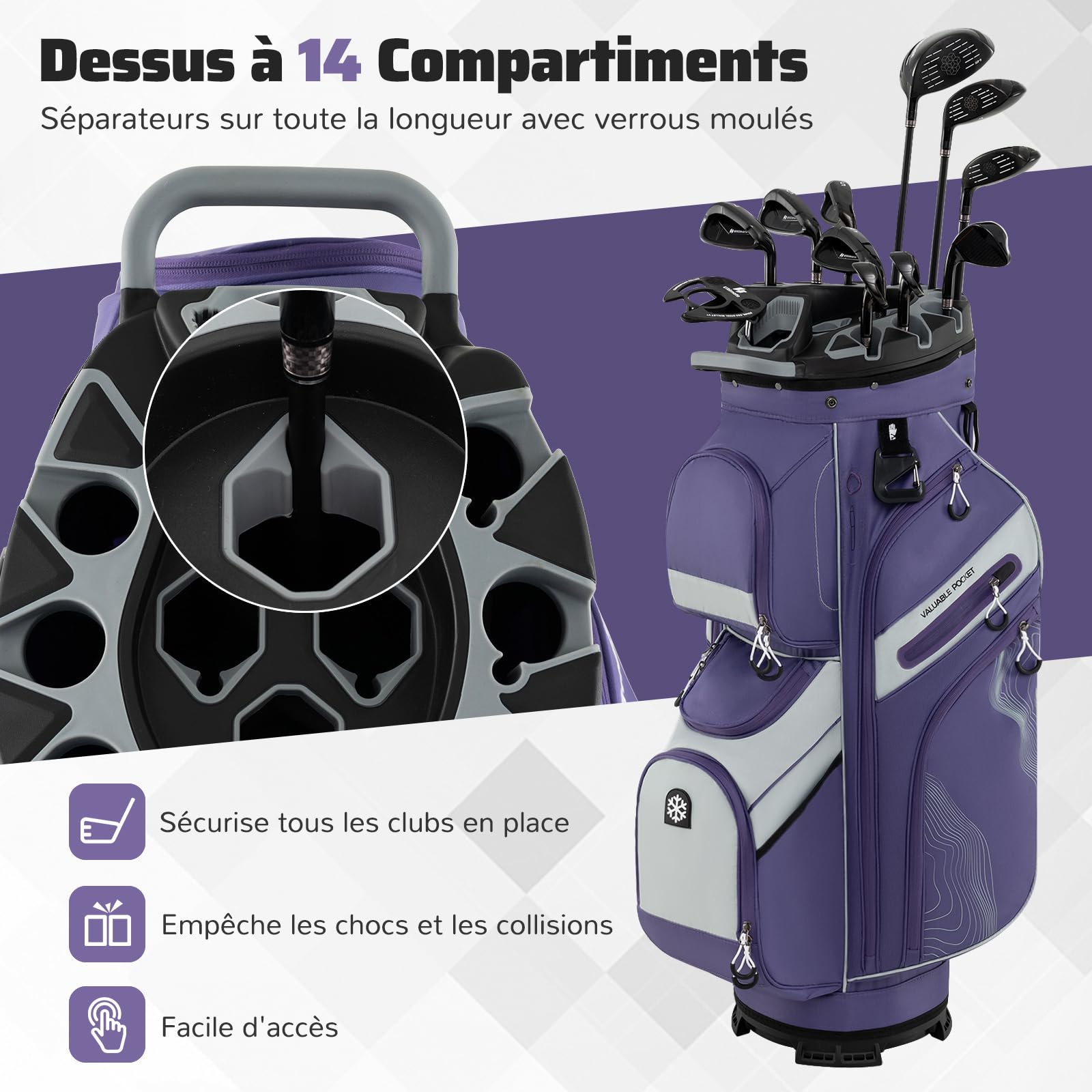 COSTWAY Sac de Golf avec 14 Compartiments, Sac de Club de Golf Portable avec Fermeture à Glissière 11 Poches Sac Isotherme Sangle Rembourrée Poignées Porte-Parapluie Housse de Pluie