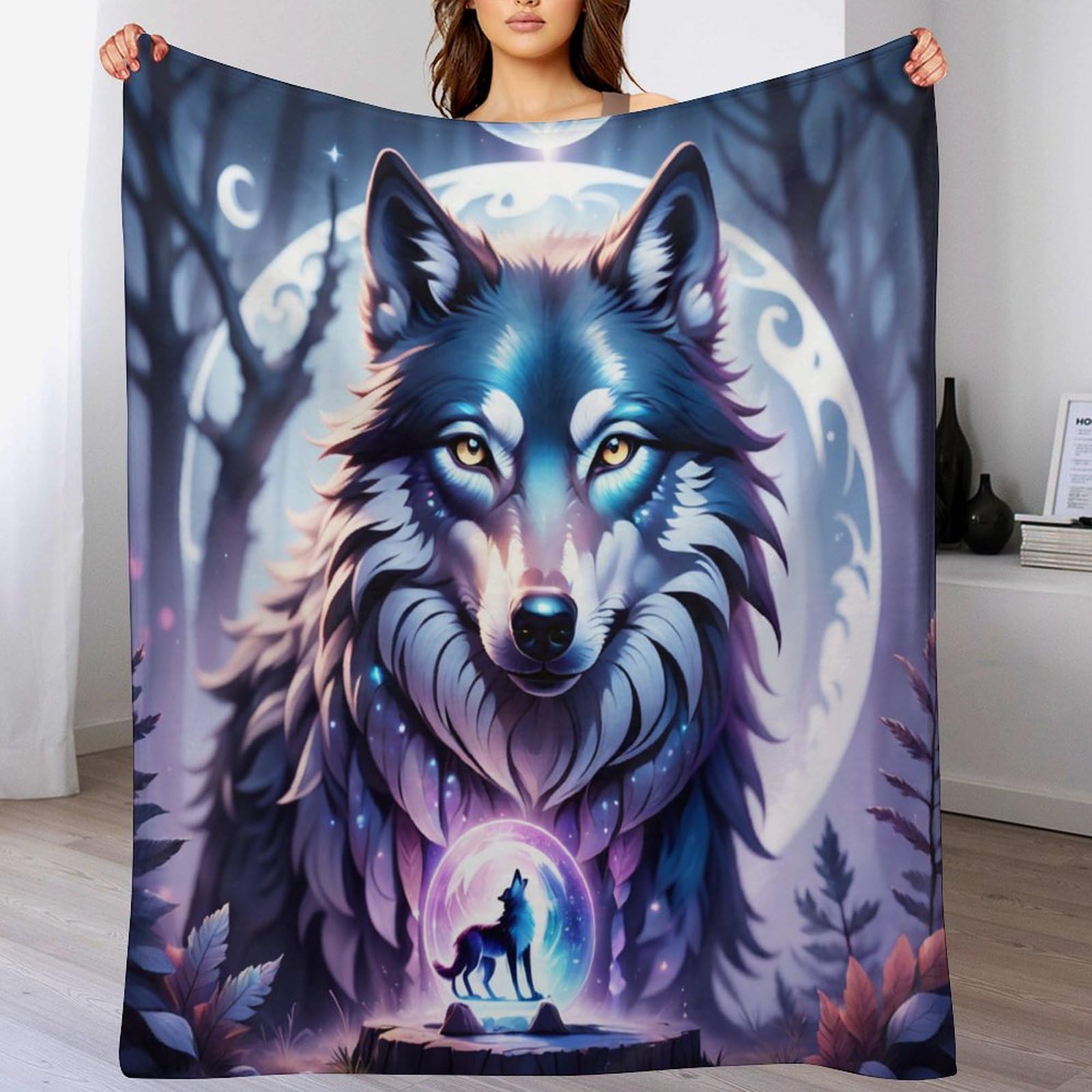 Couverture loup en flanelle 150x200 cm chaude et douce pour lit et canapé