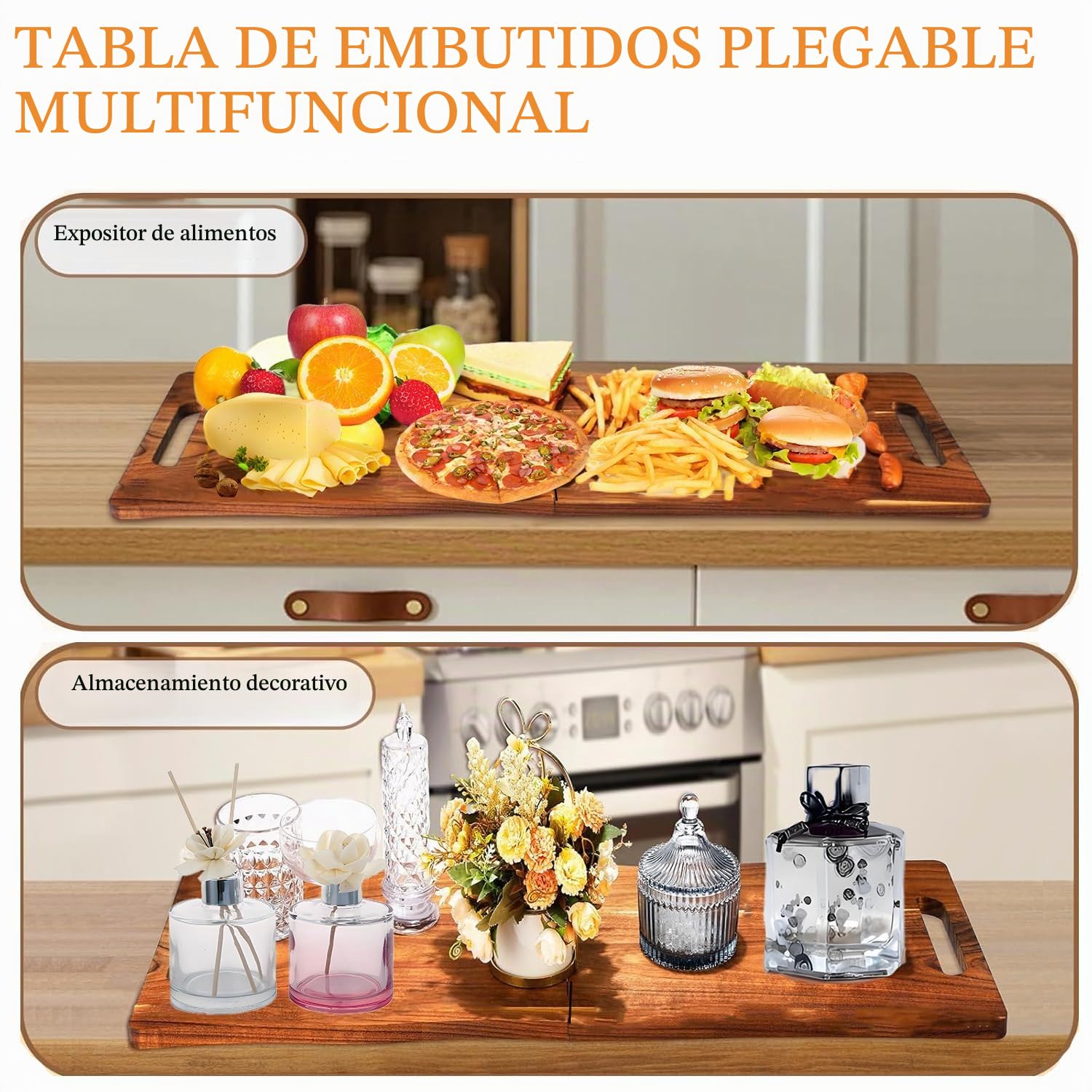 Tabla de embutidos grande de acacia, tablas plegables con asas para viaje, 83 x 30 cm, para servir charcutería con alimentos y aperitivos