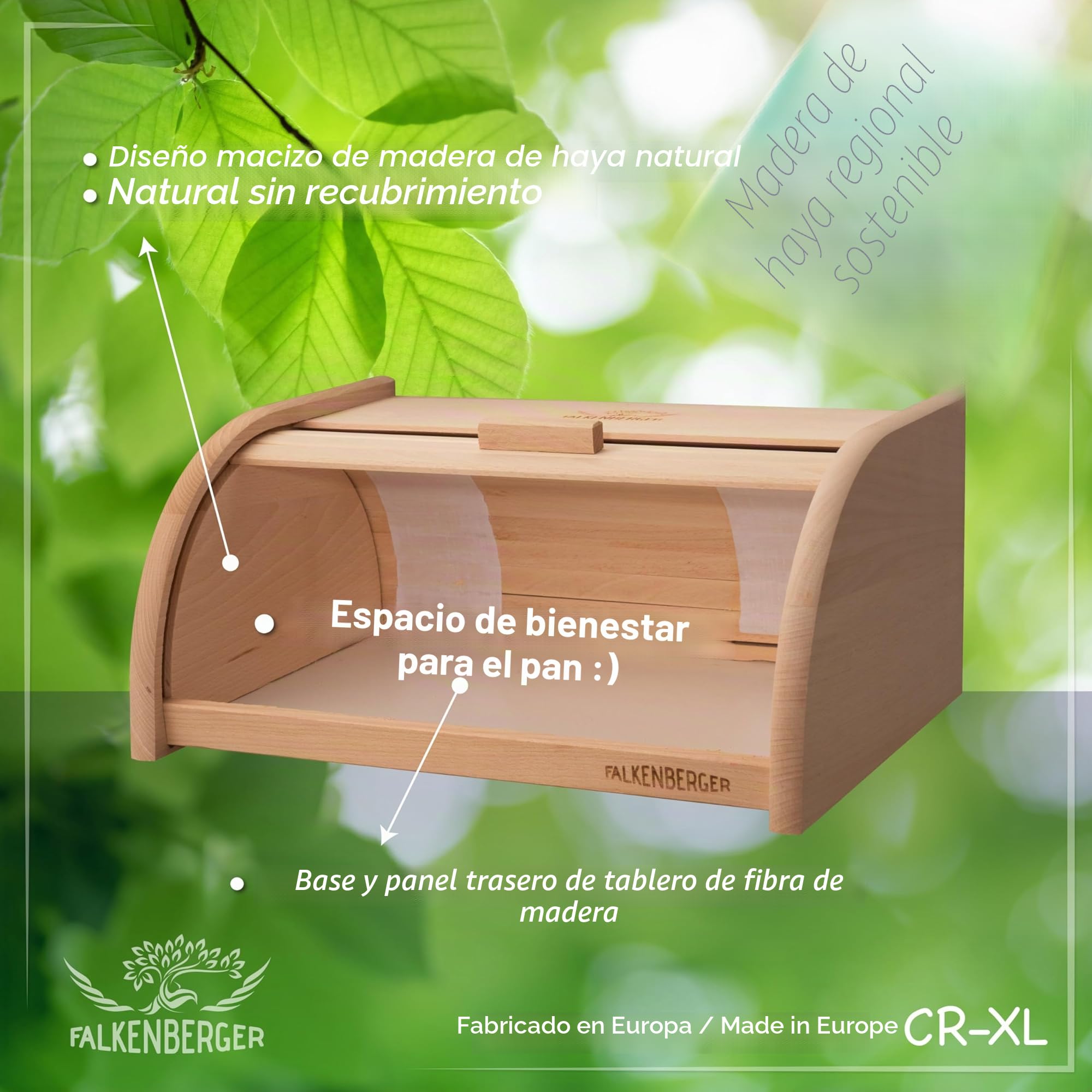 Panera de madera de haya, aprox. 39 x 28 x 18 cm, XL, con tapa enrollable, hecha a mano