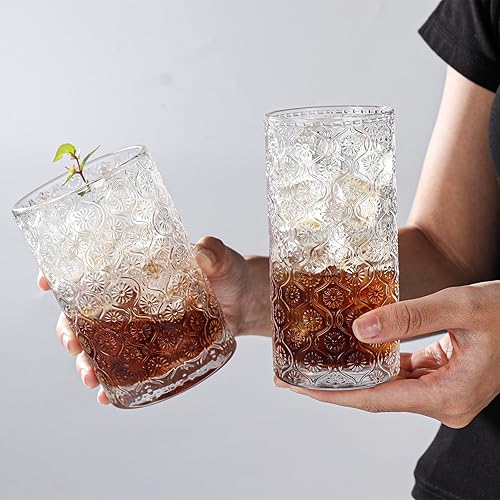 Miniatura 3 de Juego de 4 vasos vintage en relieve, 2 vasos de vidrio Collins de 12 onzas y 2 vasos altos de 16 onzas, transparentes, Art Deco, para cerveza, agua,