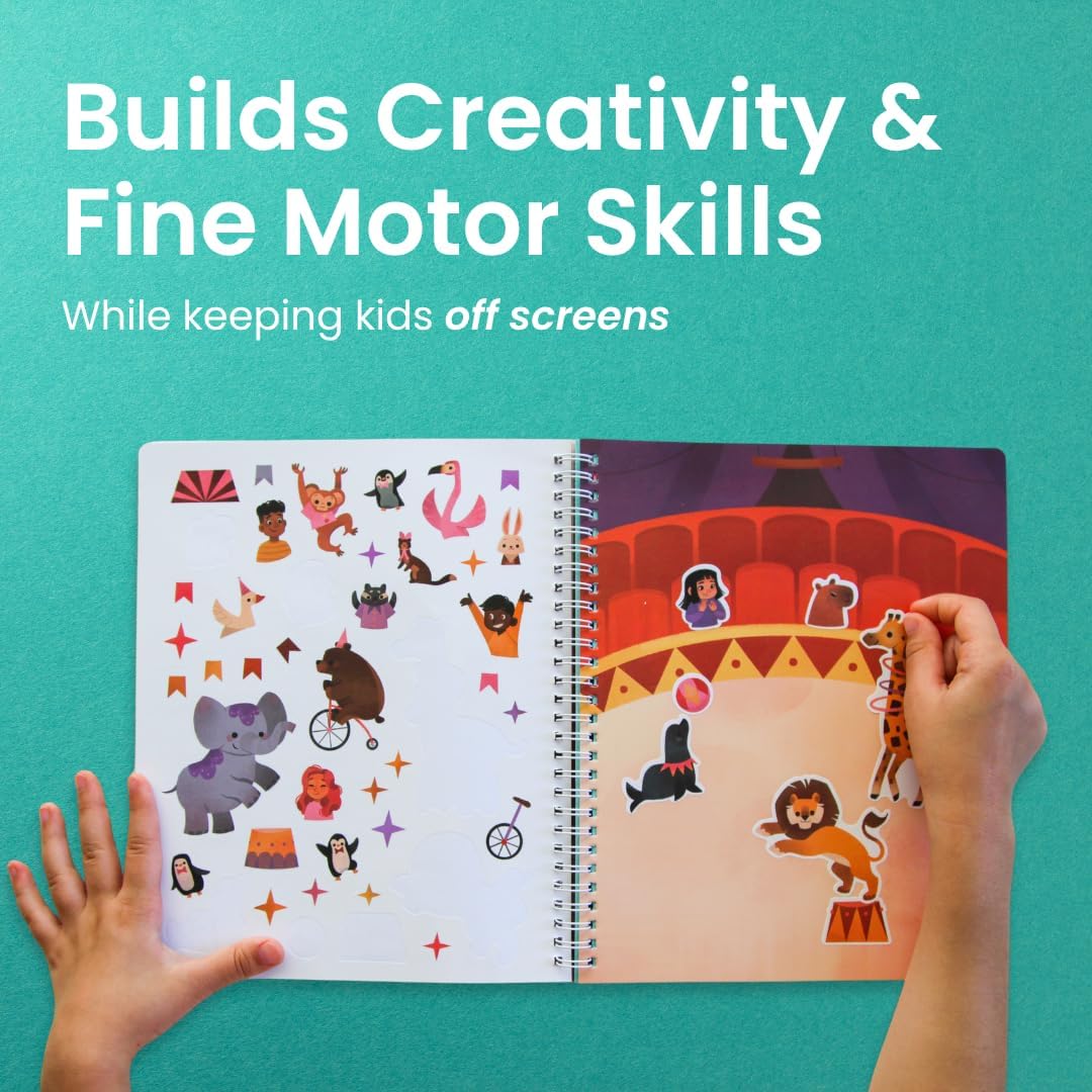 Circus Show 300+ Kids Sticker Book by Cupkin Toddler Airplane Travel Coloring and Sticker Book, 8 Coloring Pages 8 Side by Side Scenes for Children's of 2-8 Years, Easter Gifts for Kids - Image 3