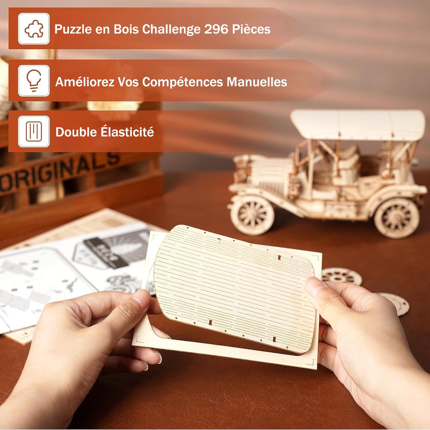ROKR Puzzle 3D Bois Maquette en Bois a Construire,Vintage Car,MC801 | Voiture pour Adultes, Kits de Modélisme Cadeaux d'anniversaire,