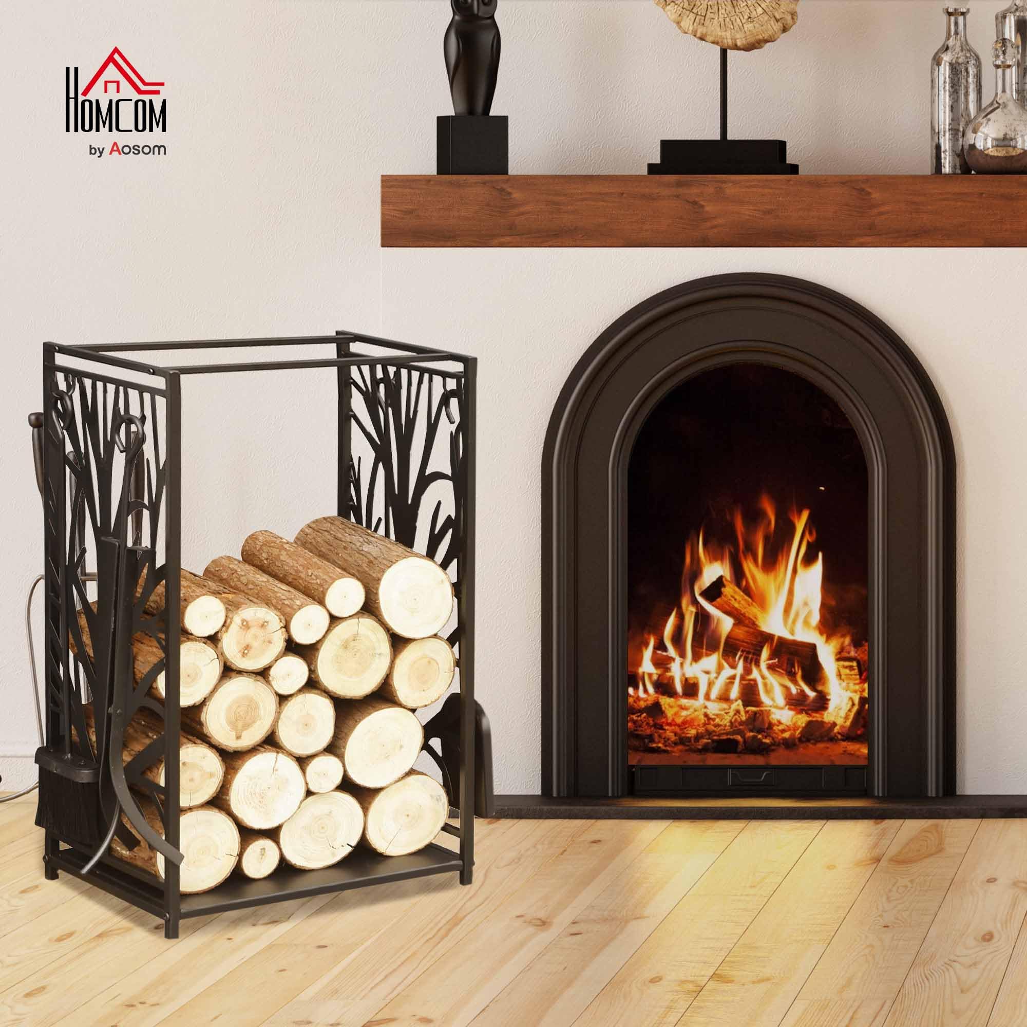 HOMCOM Potalegna per Camino in Acciaio e Antiruggine, Porta Legna per Interni ed Esterni con Design Elegante e 4 Attrezzi, 46x30x70 cm, Nero