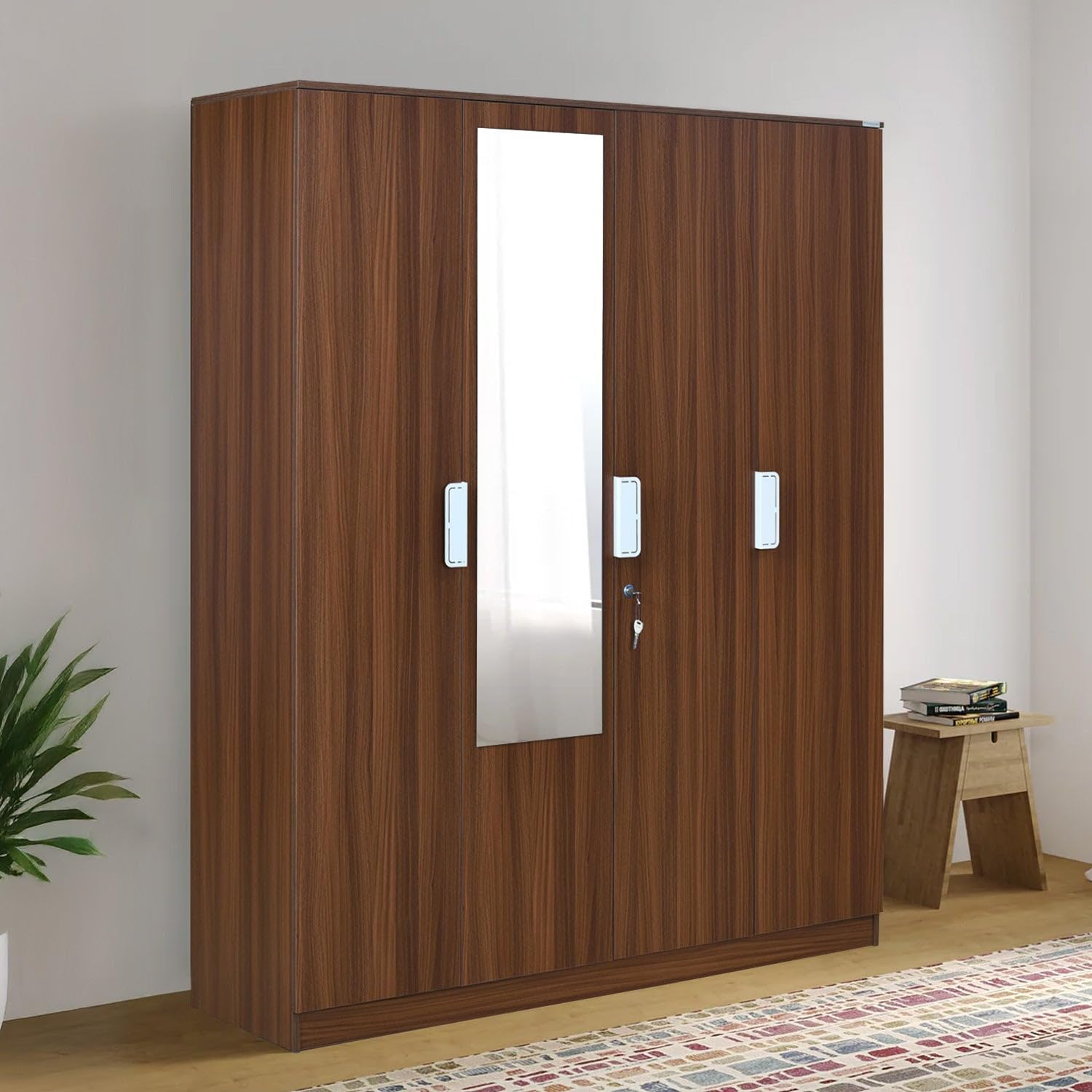 Nilkamal Joyce 4 Door Wooden Wardrobe with Mirror for Bedroom | Almirah with 13 Shelves & 1 Hanging Rod | Clothes Cupboard | Engineered Wood | Walnut