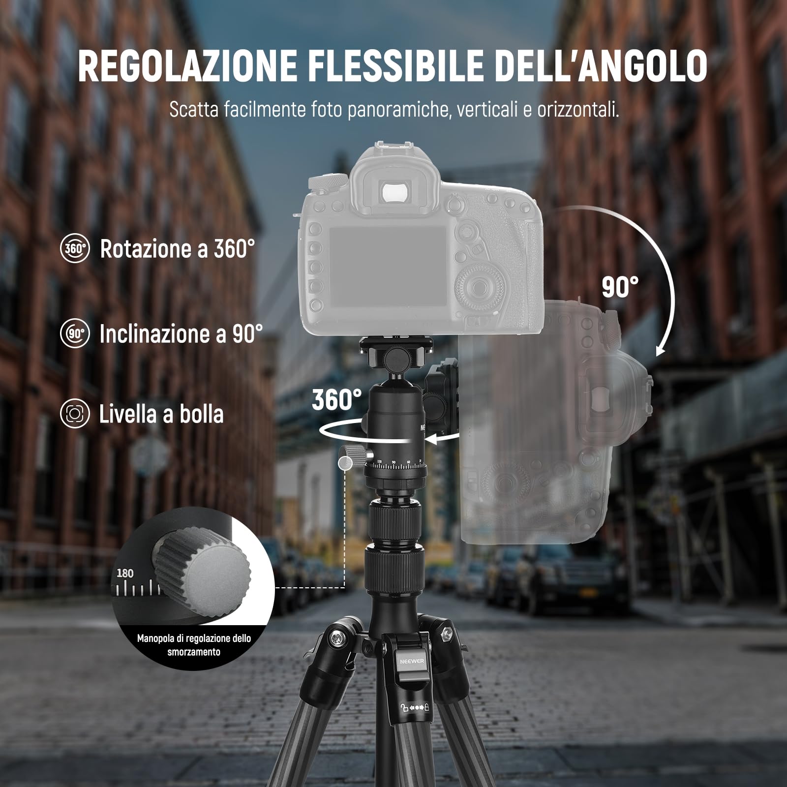 NEEWER Monopiede Treppiede Fotocamera in Fibra Carbonio, 65" DSLR Video Tripod da Viaggio Leggero, Testa Sfera a 360°, Piastra QR Antiscivolo, Asse Centrale Invertito, Gambe Reversibili, Max 6kg,TP39