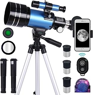 Telescope for Adults & Kids, 70mm Aperture Professional Astronomy Refractor Telescope for Beginners, 300mm Portable Refractor Telescope with AZ Mount, Phone Adapter & Wireless Remote(Blue)