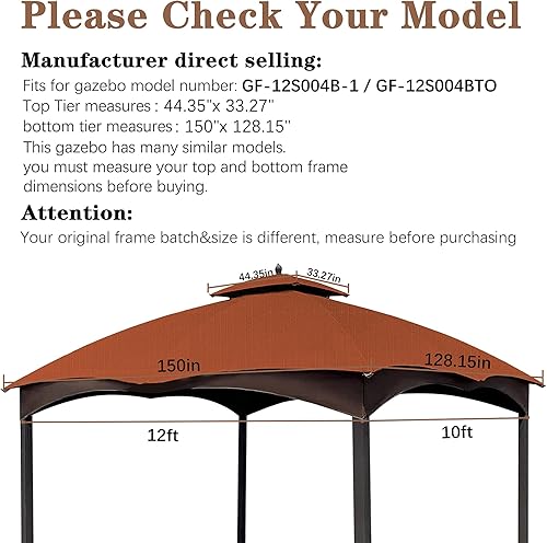 Parte superior de repuesto Ripstop rojo óxido Ripstop para cenador Lowe's Allen Roth 10X12 modelo #GF-12S004B-1/GF-12S004BTO