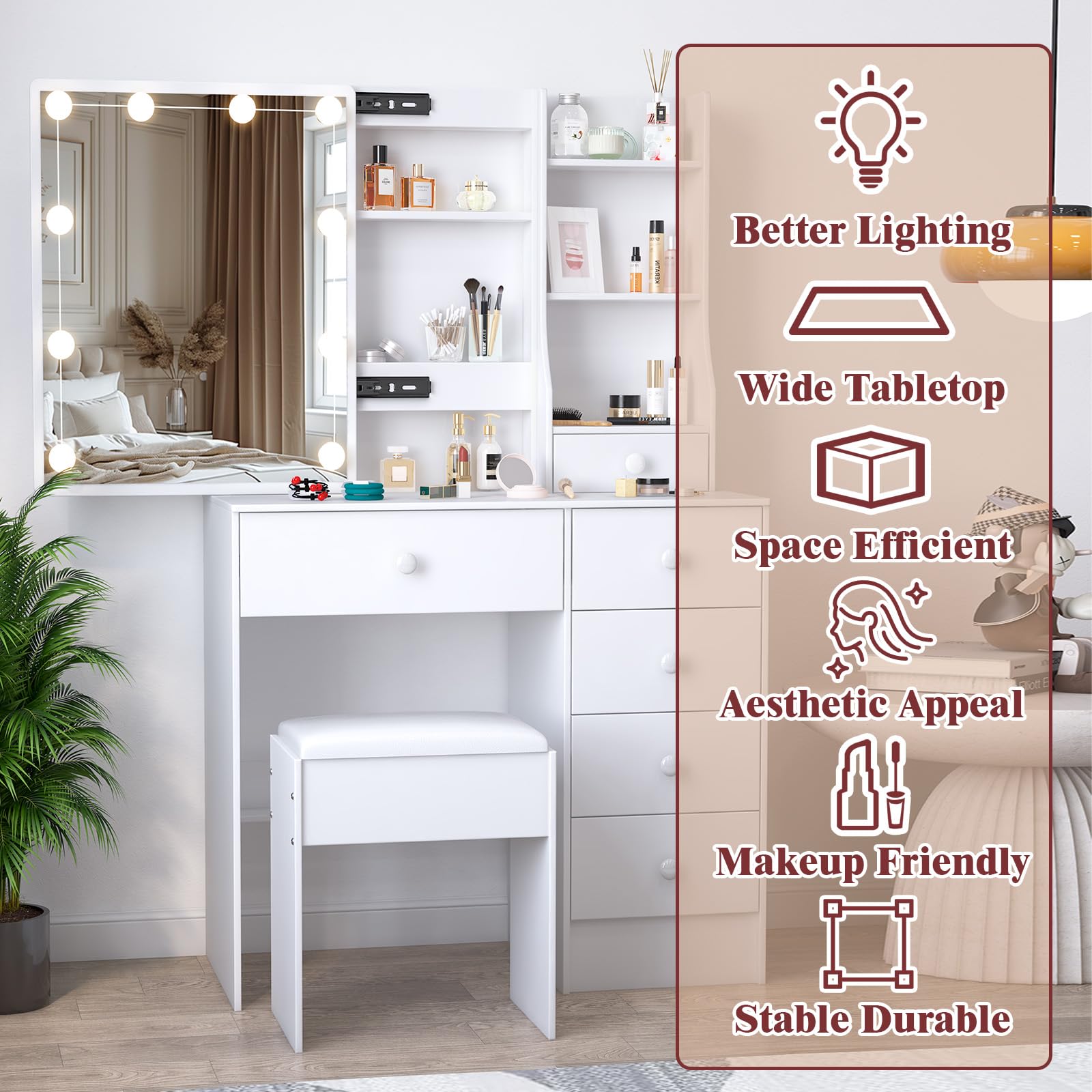 Toeletta Trucco con Specchio e Sgabello, Toeletta Trucco con Luci, 3 Temperature di Colore e Luminosità Regolabile, Bianco, 80 x 36 x 131cm