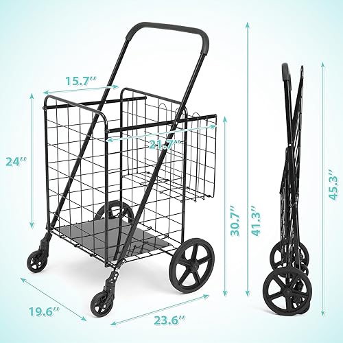 Miniatura 6 de Carrito de compras mejorado para comestibles, ruedas giratorias de 360, carrito plegable resistente con gran capacidad, carrito fácilmente plegable