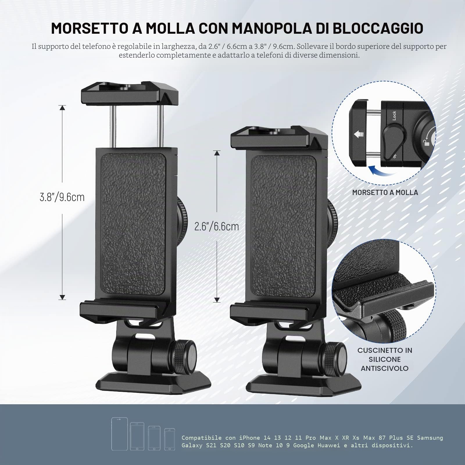 NEEWER Adattatore per treppiede, morsetto per cellulare con slitta flash, filettatura 1/4" 3/8", Arca tipo base, girevole a 360°, inclinazione di 180°, compatibile con iPhone 14 13 Pro Max Mini X Xs