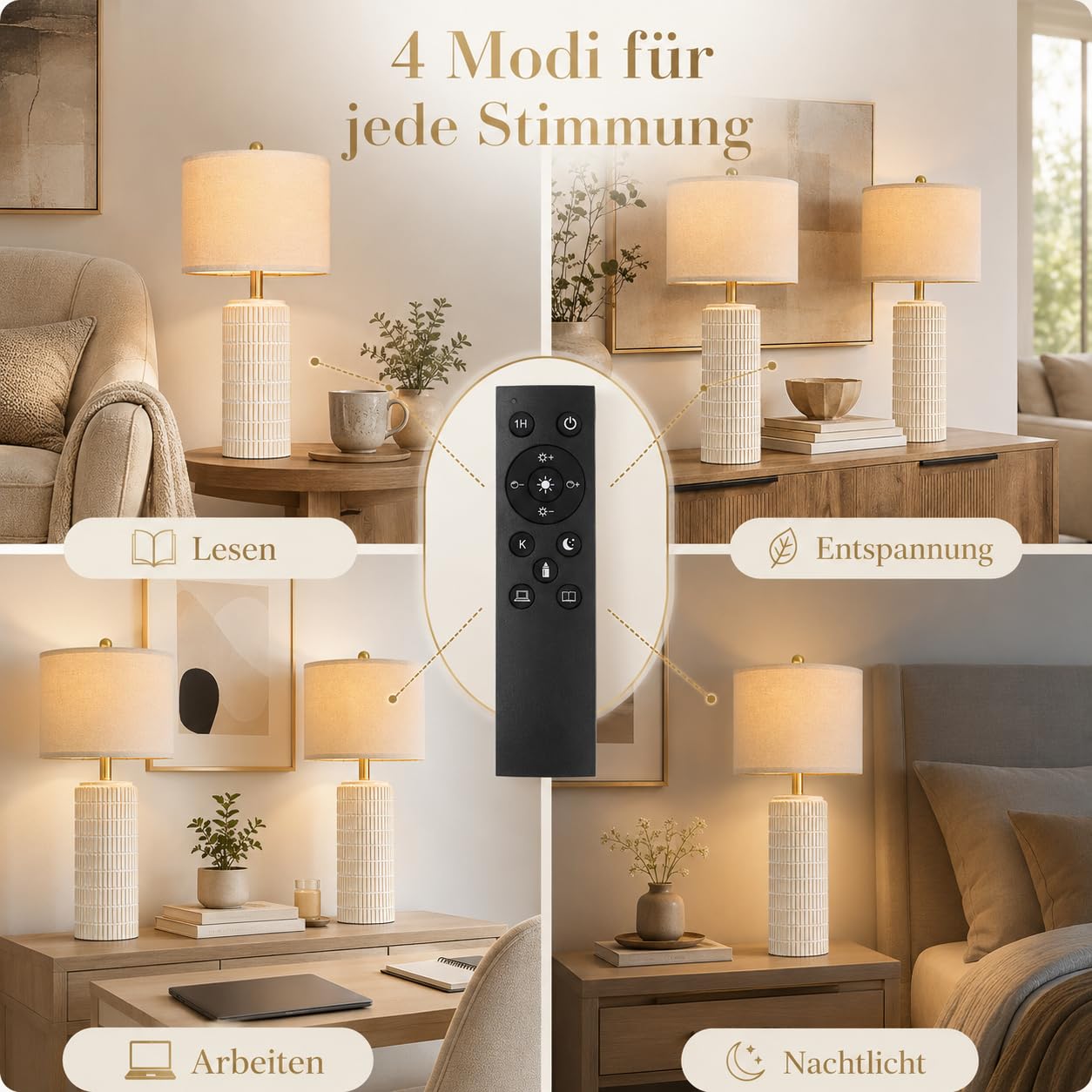 2er Set Tischlampen mit Keramikfuß Leinenschirm, H57cm LED Nachttischlampe mit Timer Speicher Dimmbar 3 Farbtemperaturen, Tischleuchte für Schlafzimmer Wohnzimmer Büro Lese(Inkl. E27-Birnen)