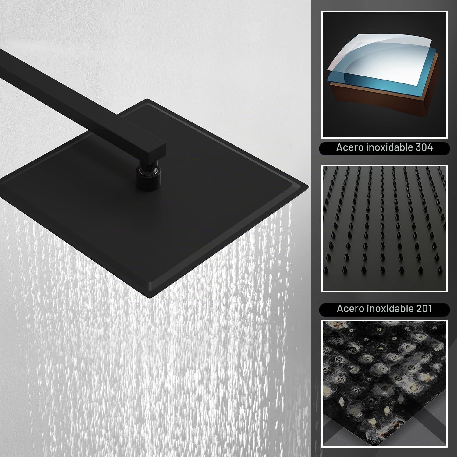 JOHO Alcachofa de ducha de lluvia de 12 pulgadas, Cabezal de ducha lluvia de acero inoxidable con boquillas antical, Rociador para Ducha empotrable, cuadrado 30 x 30 cm, negro