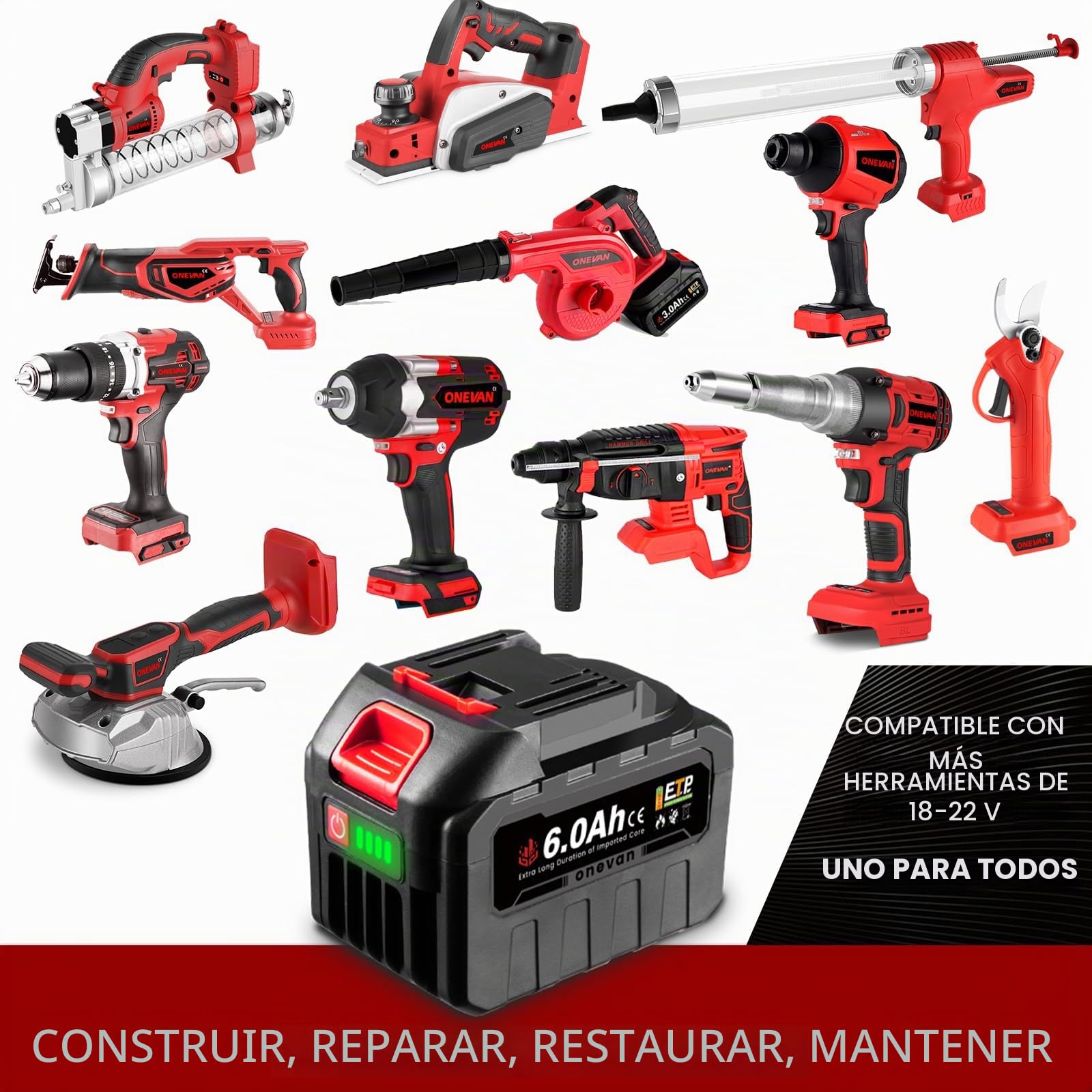 21V Batería de Litio con Cargador, 1x 6000mAh, para Herramientas ONEVAN | 21V aumento de voltaje, BMS protección múltiple, indicador LED, paquete de baterías para herramientas ONEVAN, plug-and-play