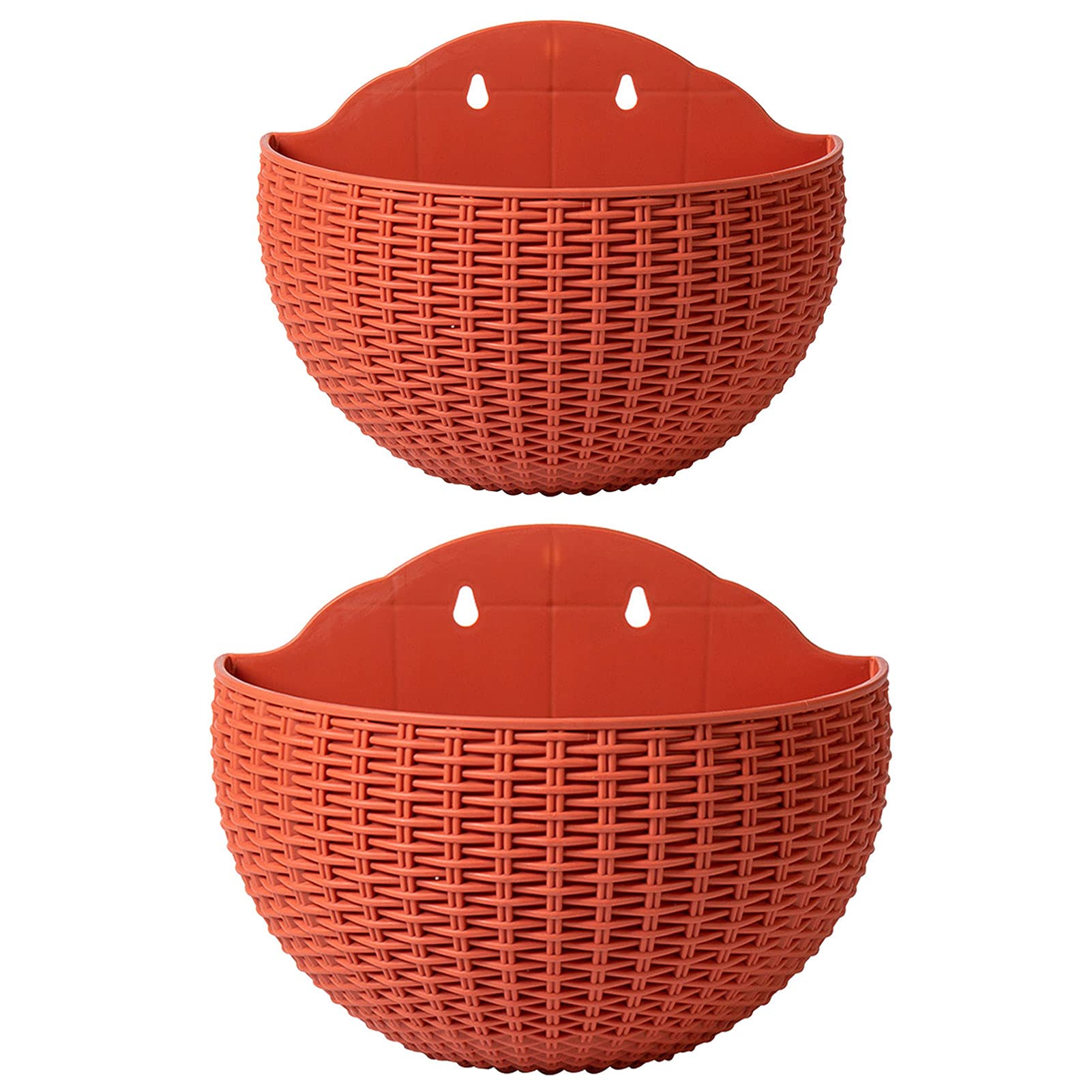 Sencc Red 2 Pcs Imitation Rattan Wall Hanging Flower Pot, Semicircle Hanging Planters Outdoor With Drainage Hole And Hooks, Plastic Garden Hanging Basket For Balcony Fence (Brick )