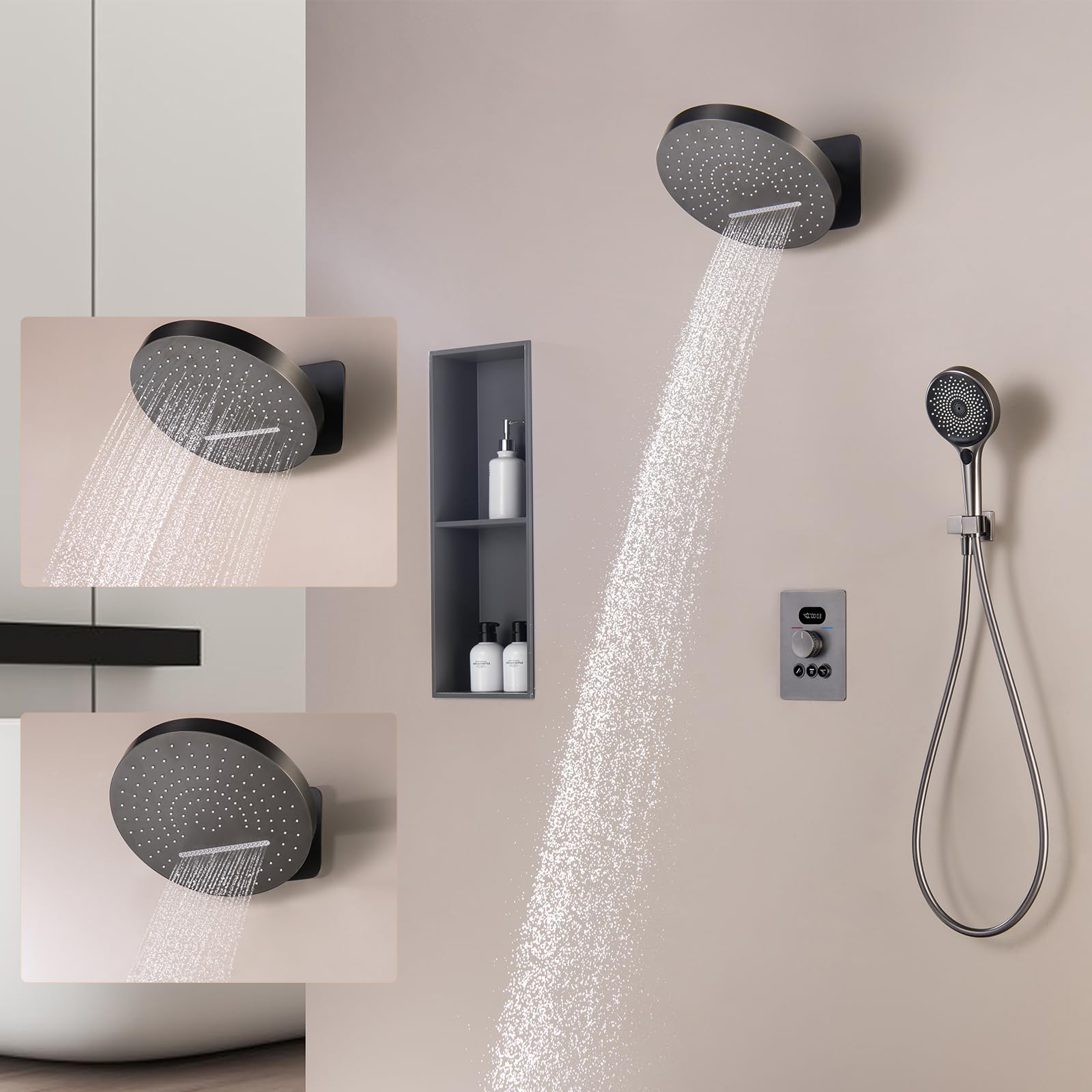 Unterputz Duschsystem Mit Handbrause & LED-Thermostat – Regendusche, Wasserfall, Silber, 50x22x3 Cm, Aus Edelstahl & Messing