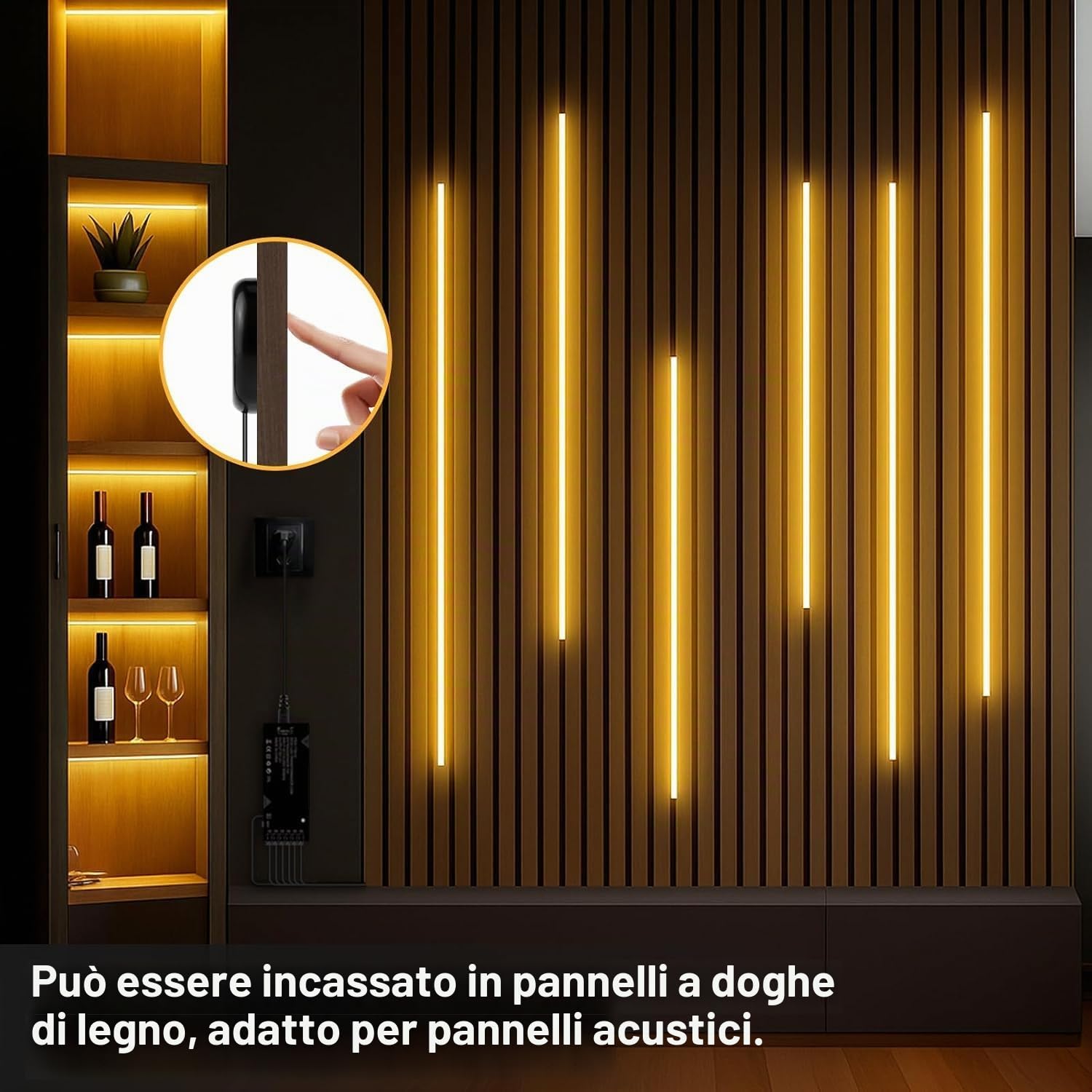 AIMENGTE Striscia LED COB 2m, 6 Rulli 12V Bianco Caldo Pannelli Acustici Tagliabili, con Dimmer Touch e Hand Sweep, per Armadietti per Vino, Scaffali, Armadi