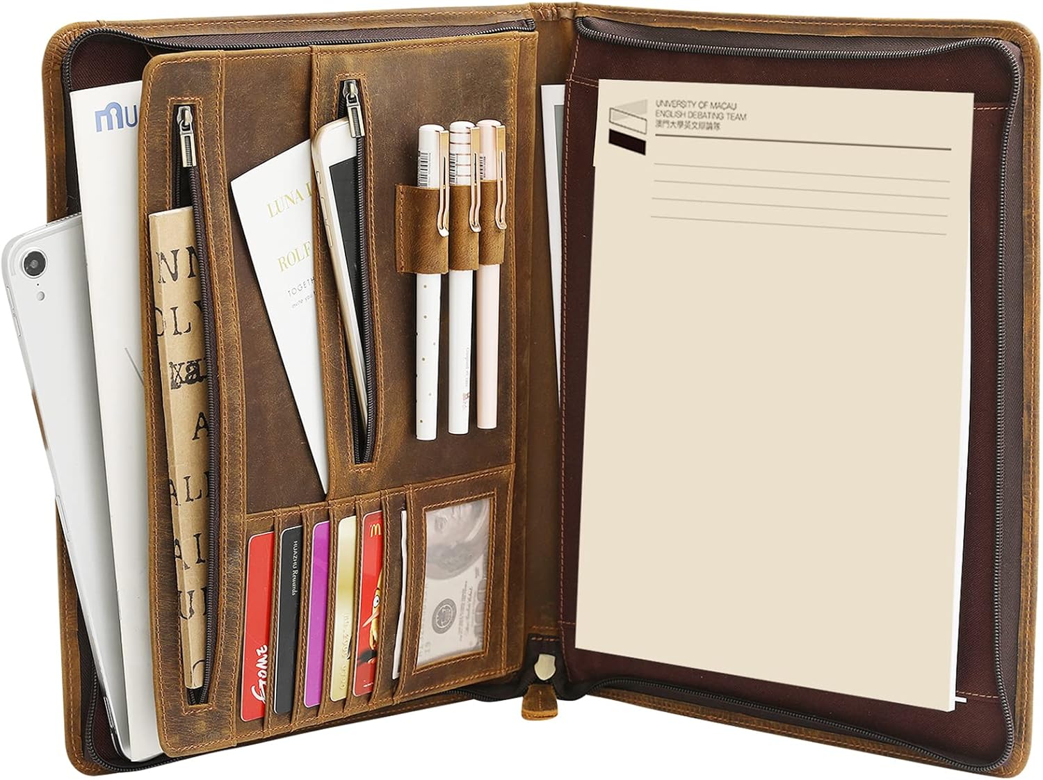 Ringsun Genuine Leather Portfolio with Zipper for Men Women