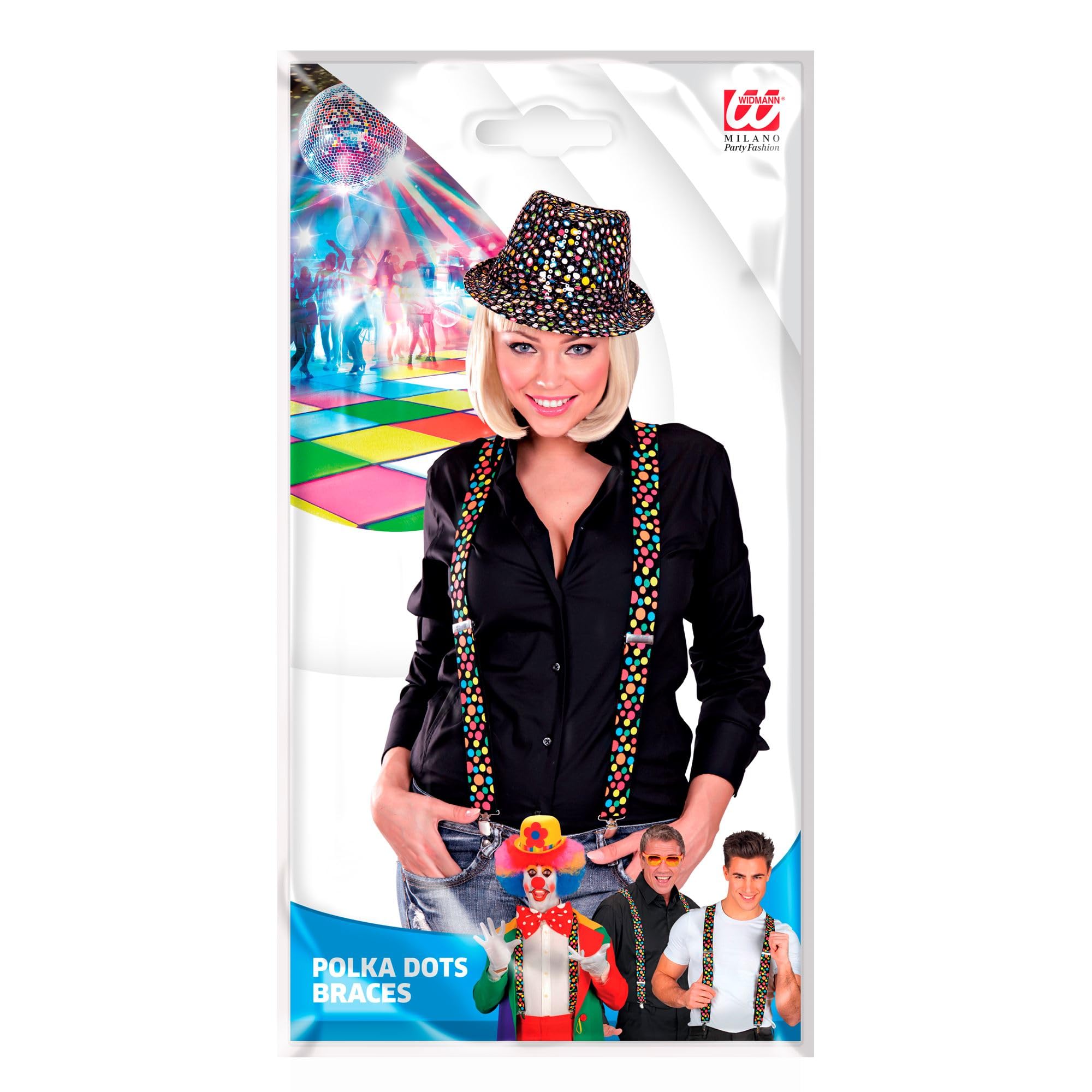 W WIDMANN MILANO Party Fashion - szelki z konfetti, regulowane | W kolorowe kropki, mocowanie na klips, regulowana długość, dodatek do kostiumu na karnawał i kostiumu klauna
