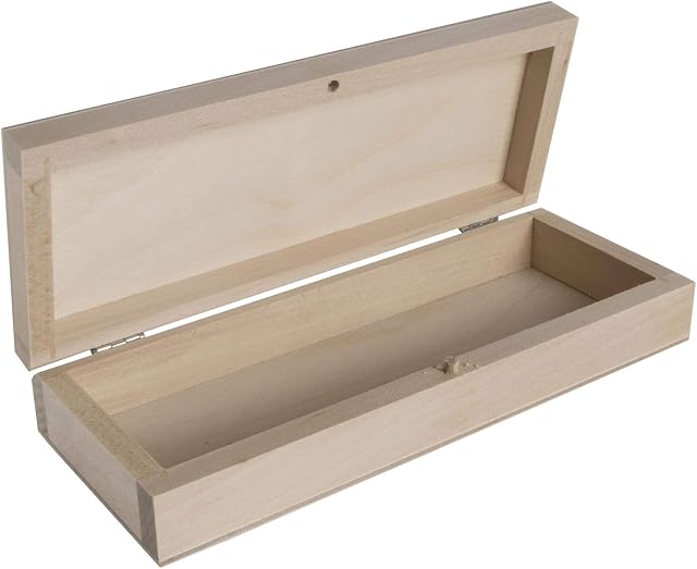 Rectangular Shallow Wooden Box with Lid & Bolt Closure | 20.5 x 8 x 4 cm | Trinket Keepsake Memory Gift Craft Slim Flat Storage Box Case | Unpainted & Untreated Plain Linden