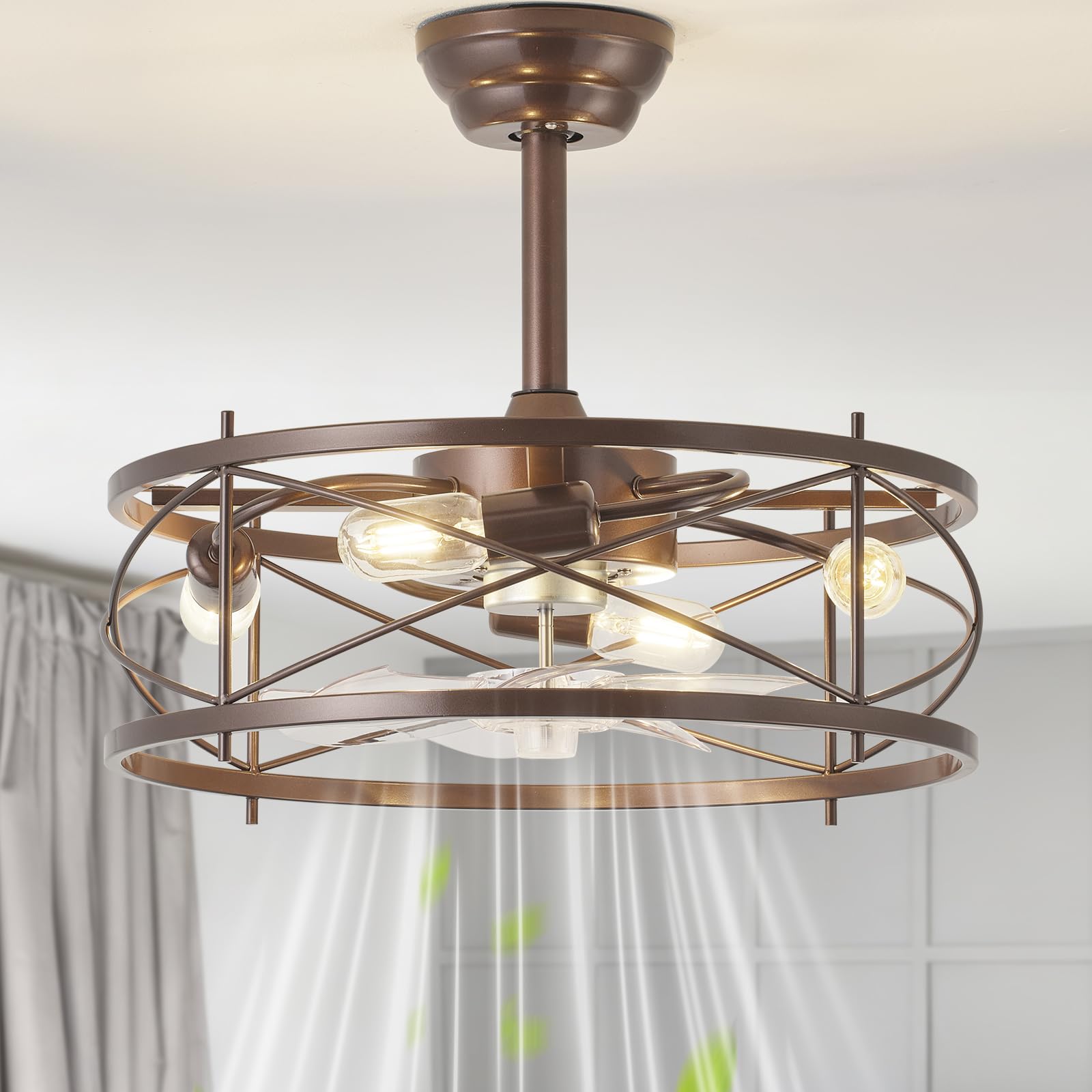 20" Farmhouse Fandelier Ceiling Fan with Light, Caged Bladeless Ceiling Fans with Lights and Remote, Rustic Small Enclosed with 6 Speeds for Bedroom, Kitchen, Living Room, Brown