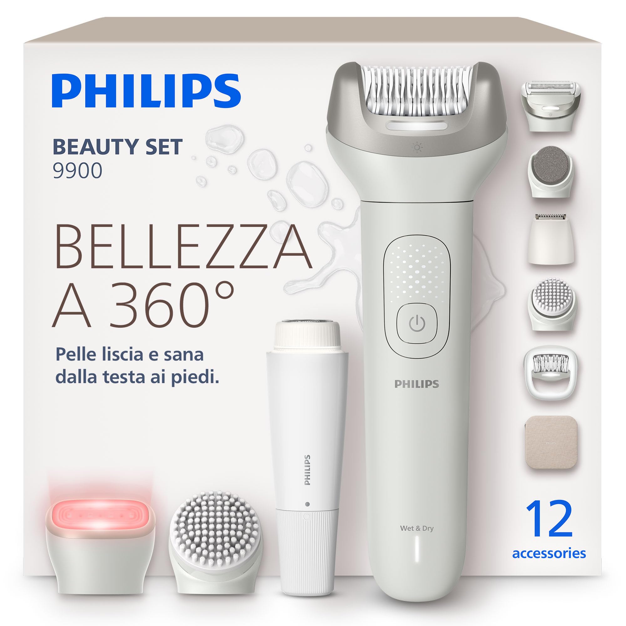 Philips Beauty Set - Kit tutto in uno corpo, viso, bikini, piedi, senza fili, su pelle asciutta o bagnata, depilazione, cura del corpo e della pelle, epilatore con 12 accessori, modello BRE749/00