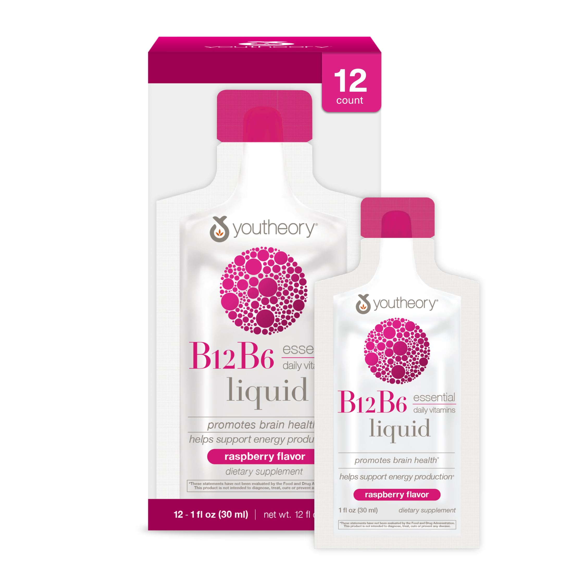Youtheory Vitamin B12 B6, Daily Energy and Brain Support Supplement, Liquid Raspberry Flavor, 12 – 1oz Single Serving Packets