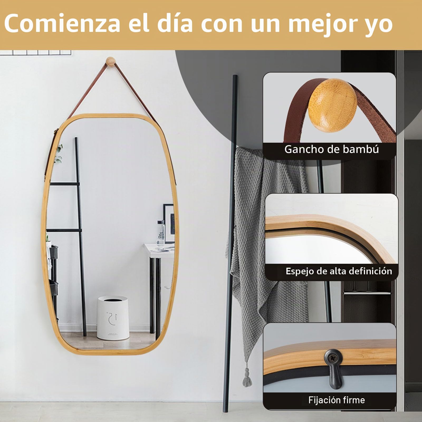 HOMASIS Espejo Grande de Pared con Marco de Bambú y Correa de Cuero Ajustable, HD con Película a Prueba de Explosiones para Baño, Dormitorio y Entrada