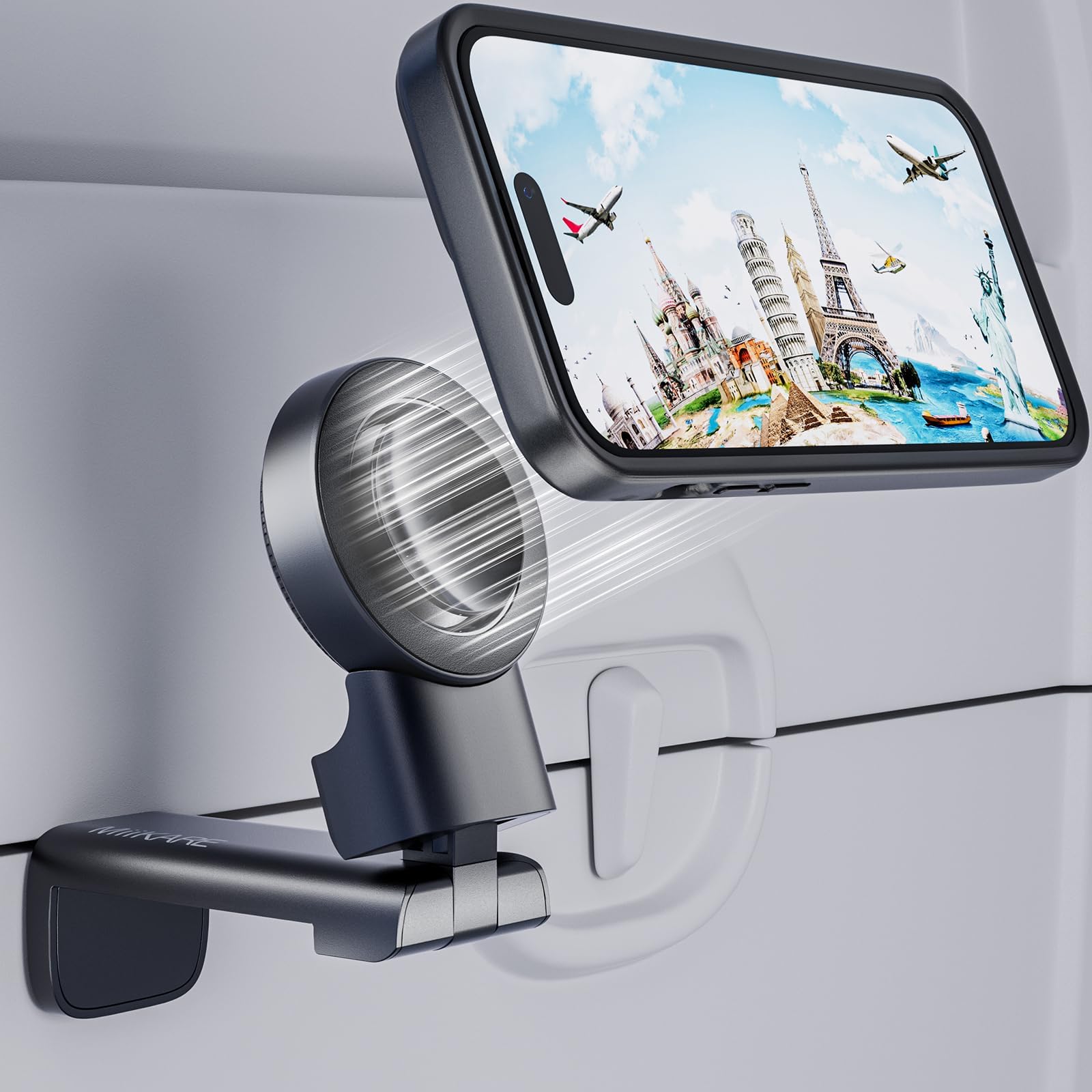 MiiKARE Airplane Travel Essentials Phone Holder for Magsafe, Universal Handsfree Phone Mount for Flying with 360 Degree Rotation, Travel Must Haves Phone Stand for Tray Table