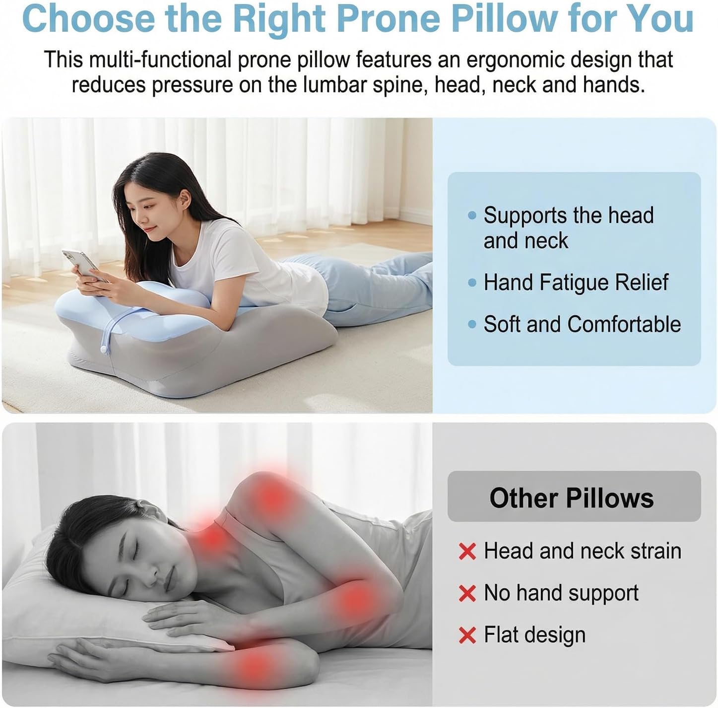 Memory Foam Ergonomic Wedge Pillow, Prone Pillow for Sleeping, Reading Pillow for Bed, Ergonomic Support for Back Pain, Acid Reflux & Sitting Up, Ideal for Massage, with Removable Cover (Bule&Gray)
