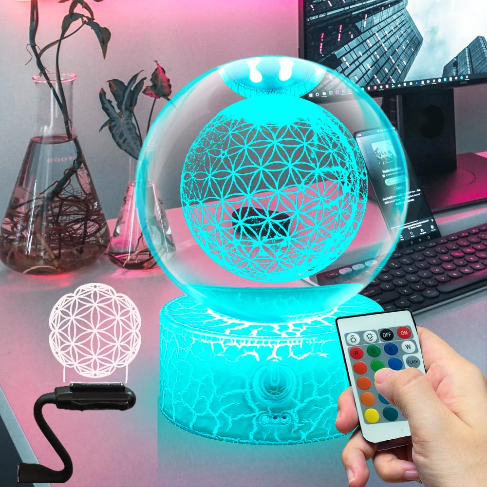 Fanrui 3.15” Crystal Ball with 3D Flower of Life,Clear Crystal Sphere Healing Flower Figurines Lamp,16 Colors Change LED Dimmable Night Light with Remote Control,Gifts for Men,Women,Kids,Boys,Girls