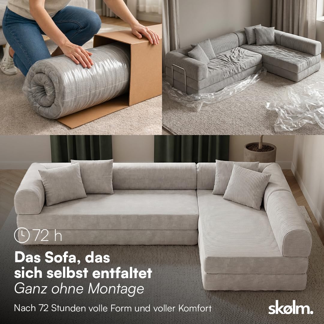 skølm Lofn Ecksofa 4 Sitzer – Wohnlandschaft L-Form Cord – Klappsofa 300cm breit Hellgrau – ausklappbar zum Schlafsofa/Bodensofa – Vollschaumcouch Boneless mit 4 Kissen & Stahlgestell vakuumverpackt
